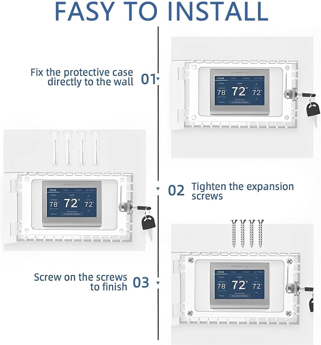 Universal Clear Thermostat Lock Box with Key - Wall Mounted Acrylic Thermostat Protector for Thermostats up to 6.5