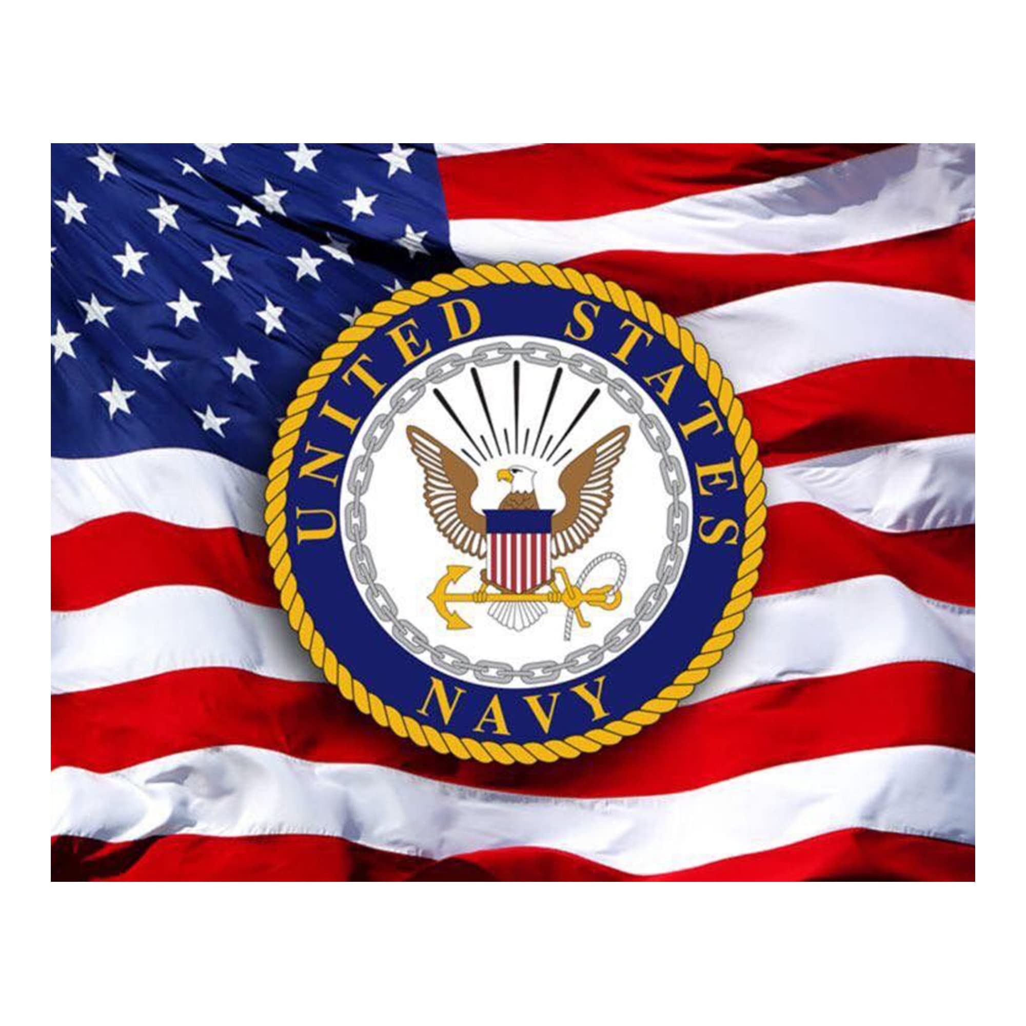US Navy Emblem on American Flag Military Wall Art - Official Navy Seal Decor, Patriotic Old Glory Waving Print for Home, Living Room & Office - Unframed 8x10 - Perfect for Veterans Day, Military Gifts & Patriotic Home Decor