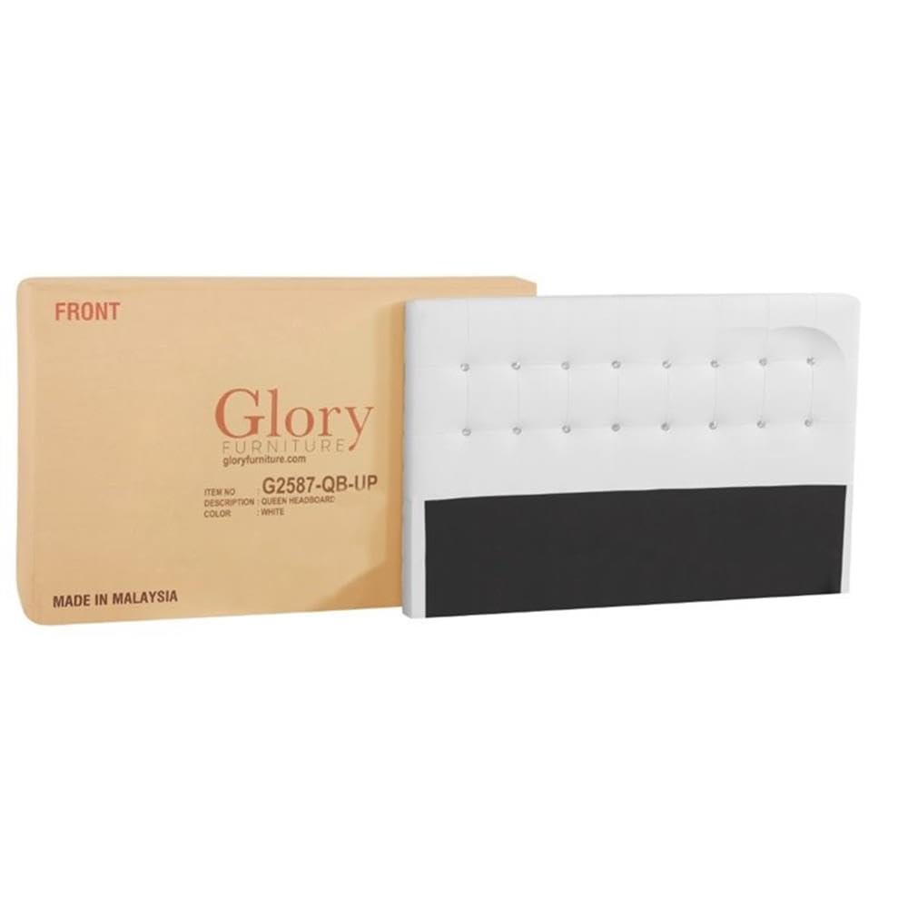 Glory Furniture Diamond Faux Leather Upholstered Queen Size Bed Frame in White - Modern Luxury Bedroom Furniture for Master Bedroom & Guest Room