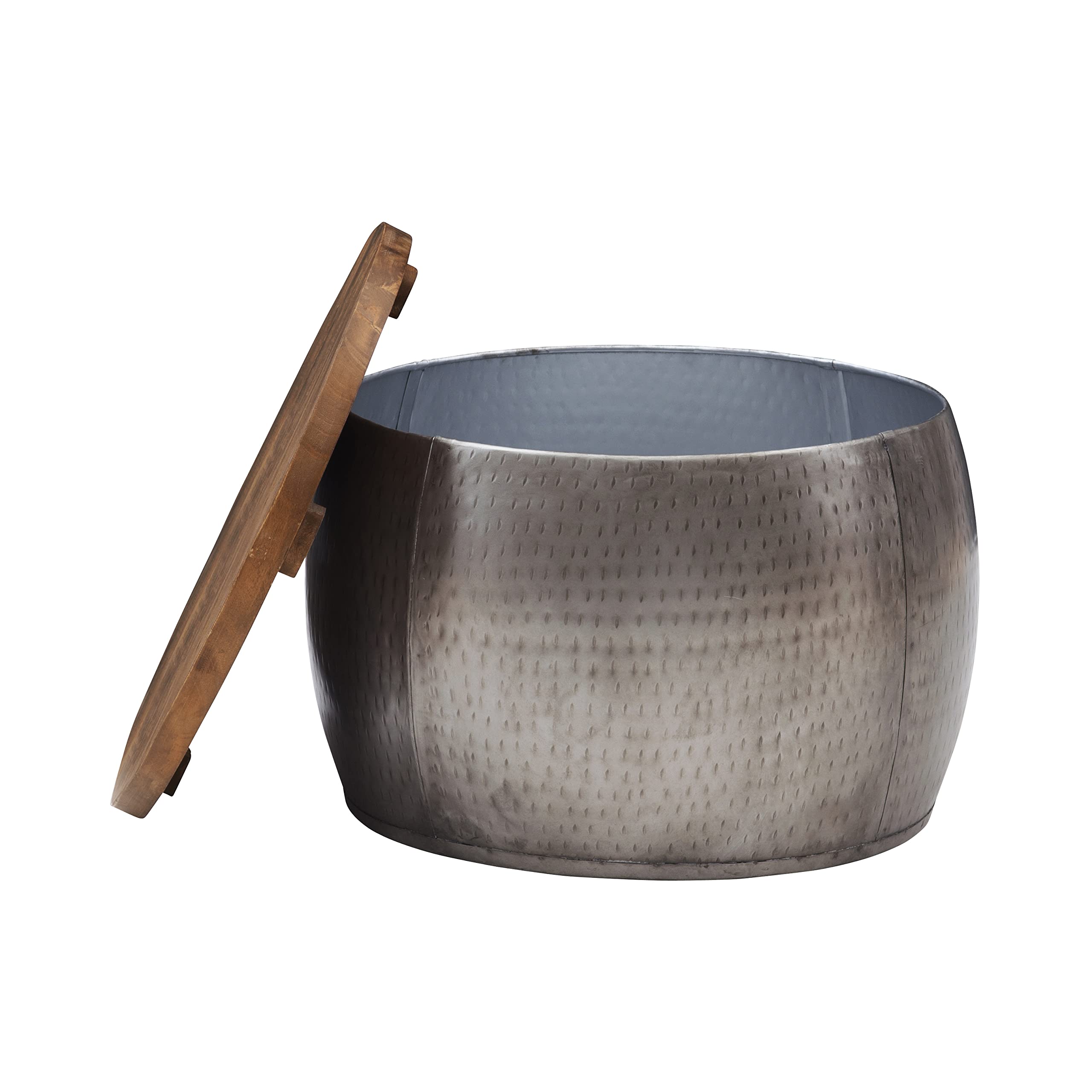 Powell Janice Small Silver Storage Drum Table - Stylish Side Table with Hidden Storage for Living Room, Bedroom, or Office