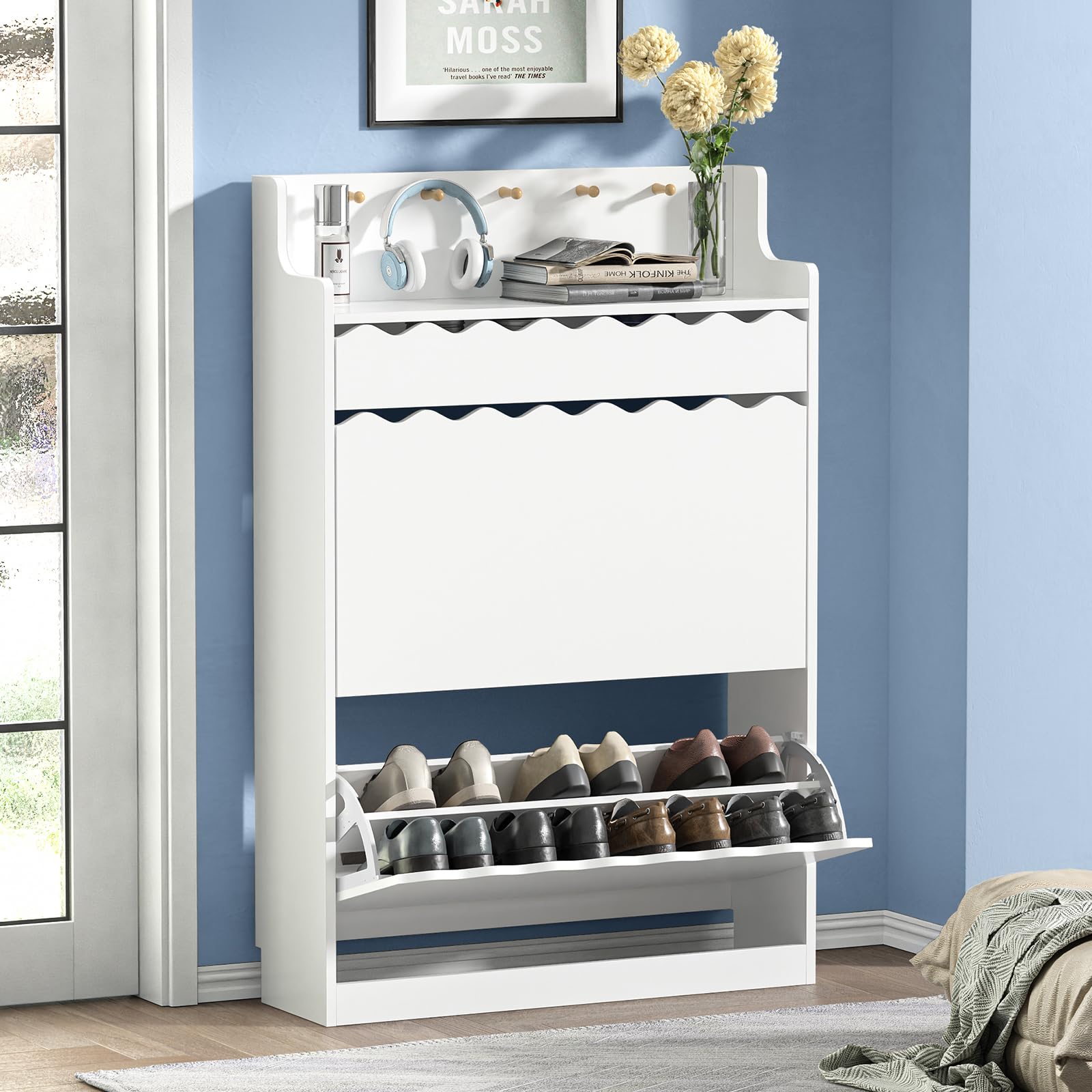 Anmytek White Shoe Storage Cabinet with 2 Flip Drawers & Drawers - Narrow Freestanding Hidden Wood Shoe Organizer for Entryway, Hallway, Living Room - Perfect for Small Spaces, Apartment Entry, and Closet Organization