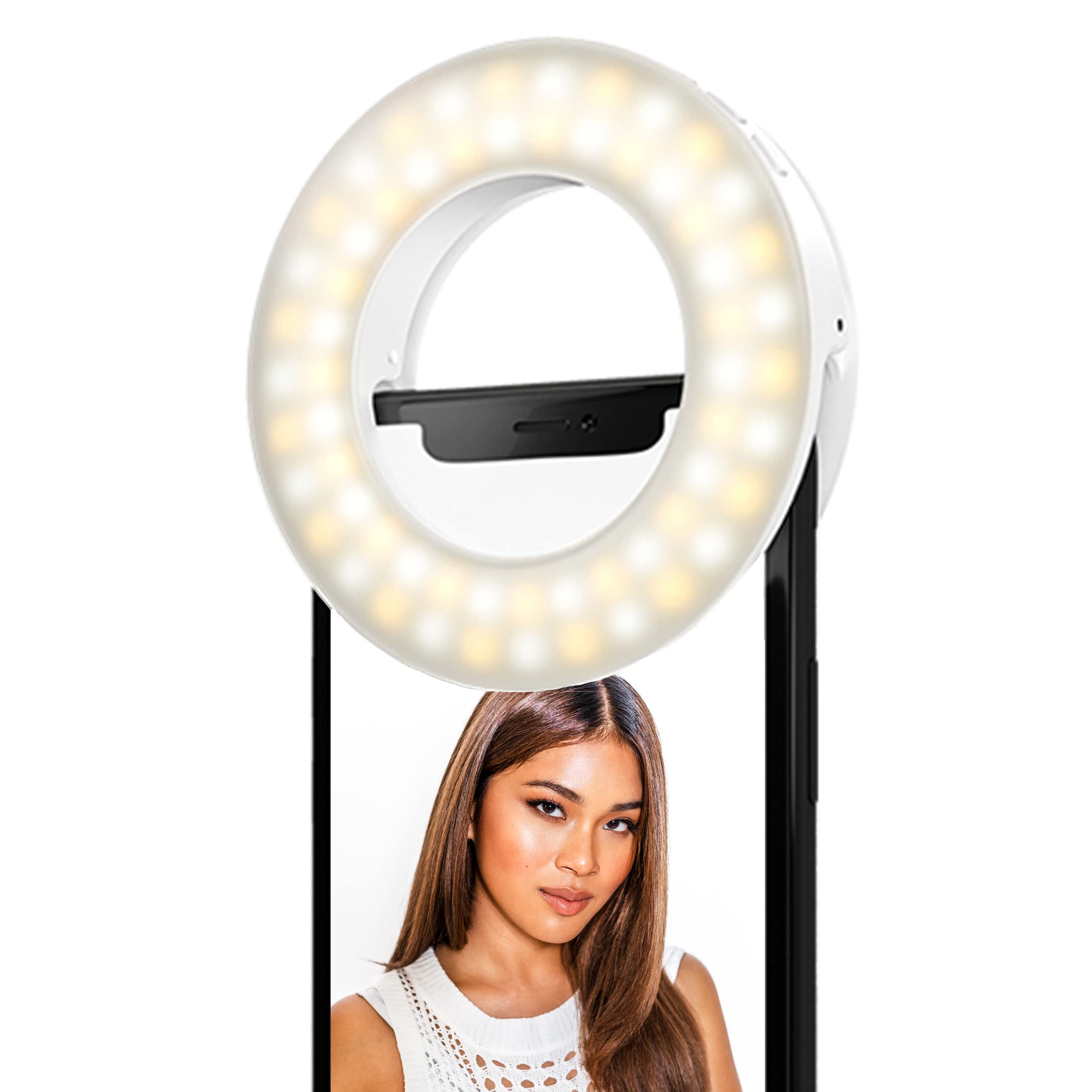 Selfie Ring Light with 3 Adjustable Brightness Modes - Clip On Phone Light for iPhone, Android & Laptop - Rechargeable LED Makeup Light for Beauty, Vlogging, YouTube, TikTok & Live Streaming