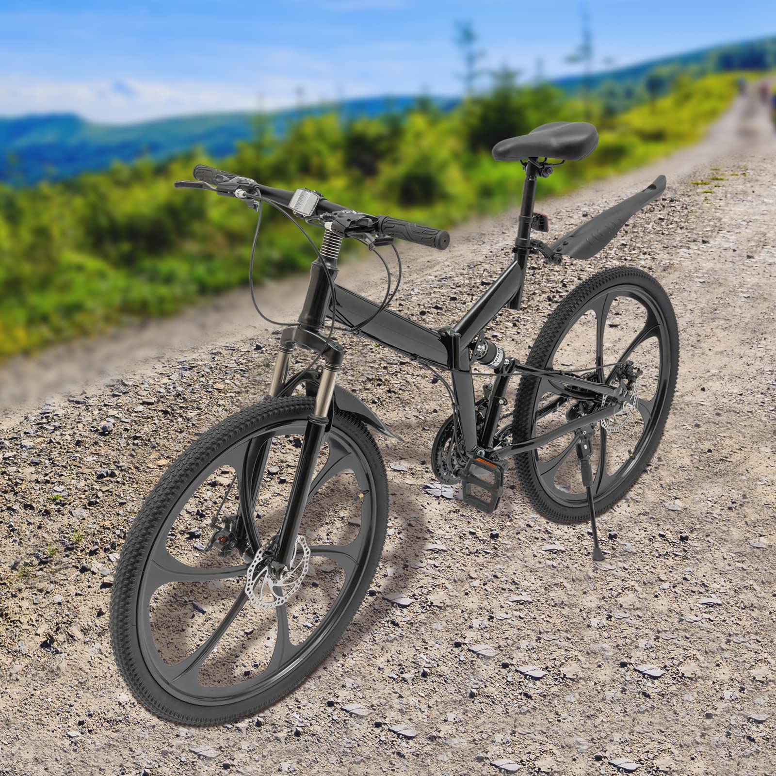26In Folding Mountain Bike - 21 Speed Upgraded Foldable Bicycle with 6 Blade Flywheel, Carbon Steel Frame for Men & Women (Black) | Perfect for Commuting, Travel & Outdoor Adventures | US Stock