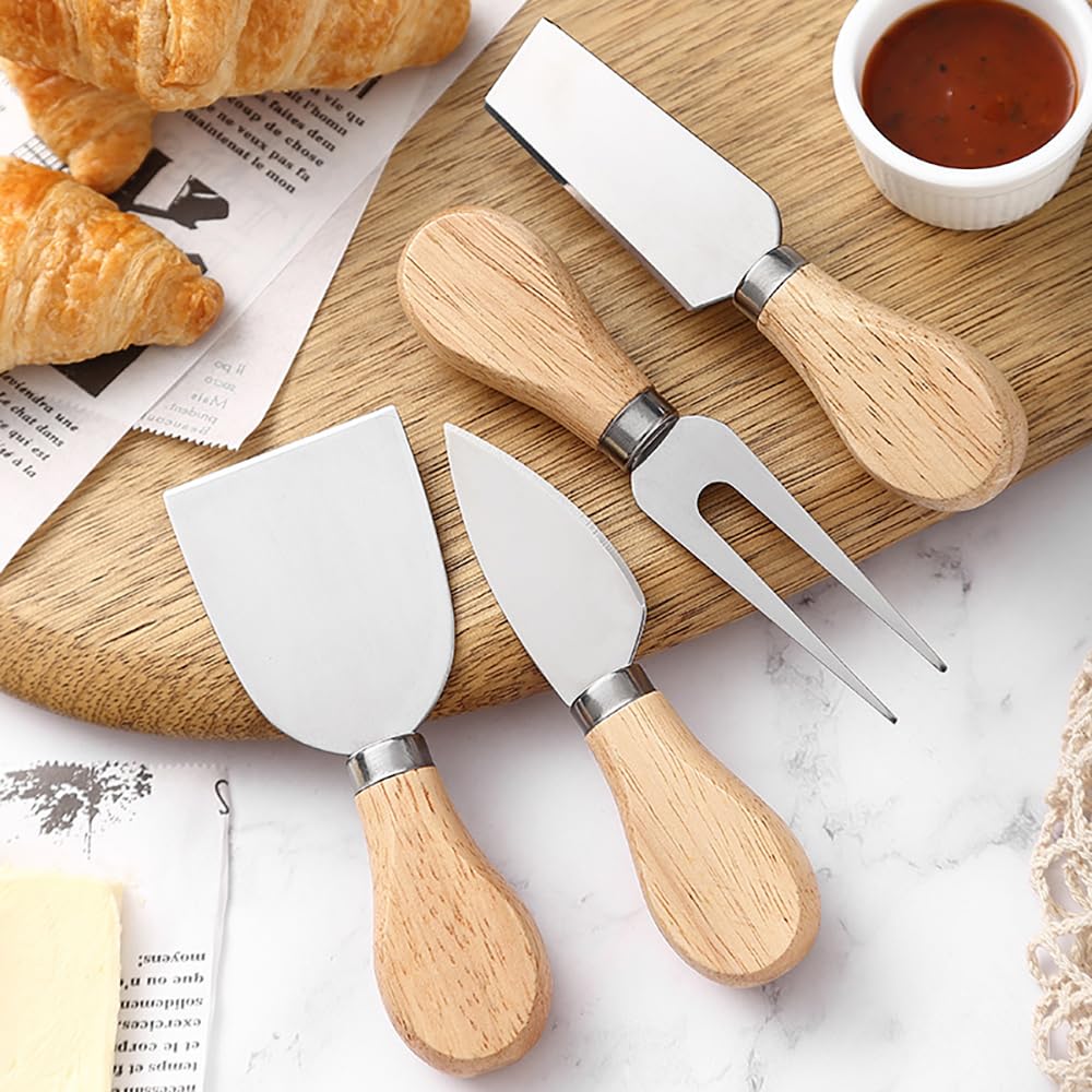 Premium Stainless Steel Cheese Knife Set with Wooden Handle - 4-Piece Cheese Knives, Forks & Slicer for Charcuterie Boards, Cheese Spreads & Entertaining - Perfect for Wine Parties, Cheese Tasting & Gourmet Platters