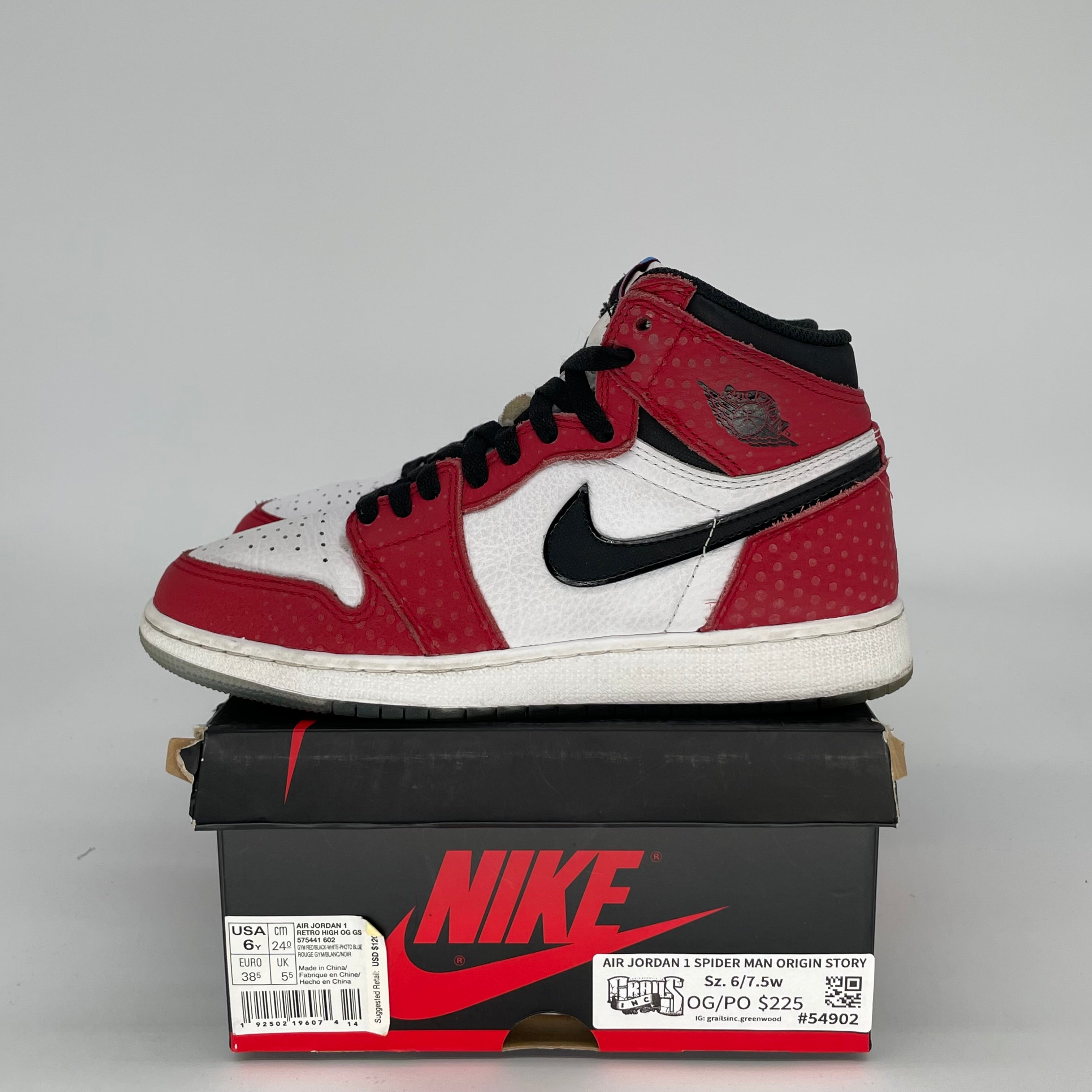 Air Jordan 1 Spider-Man Origin Story Sneakers - Size 6Y (575441-602) - Men's Basketball Shoes for Casual Wear & Collectors