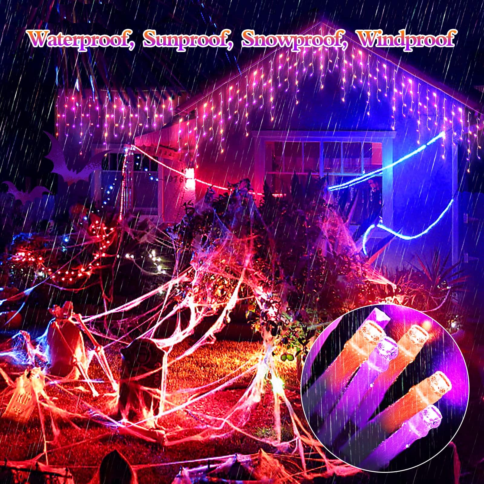 JXLEDAYY 65 FT 640 LED Halloween String Lights - Outdoor Waterproof Fairy Lights with 8 Modes & Memory Timer - Orange and Purple Holiday Decor for Halloween, Christmas, Wedding, Party, Garden, and Patio