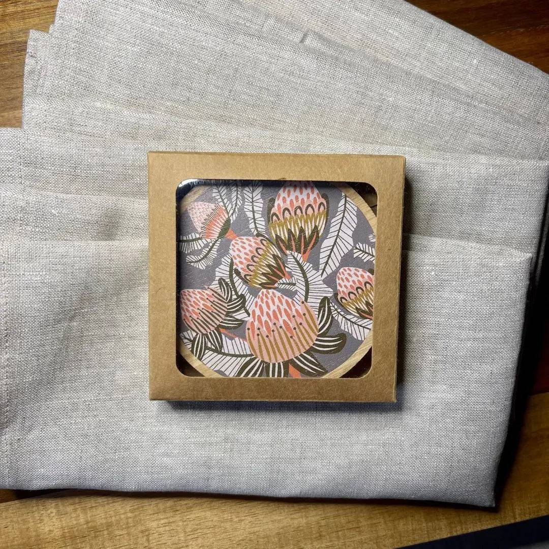 Bush Proteas Coaster and Napkin Set - 4-Piece Elegant Table Setting for Dining Room, Kitchen, or Outdoor Entertaining