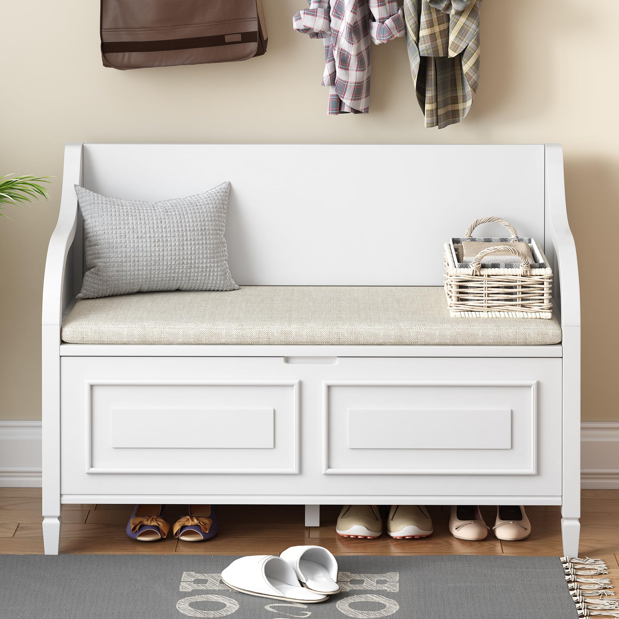 Lift Top Storage Bench with Drawers - Shoe Organizer Bench with Safety Hinge & Cushioned Seat - Entryway Furniture for Hallway, Bedroom, Living Room (White)