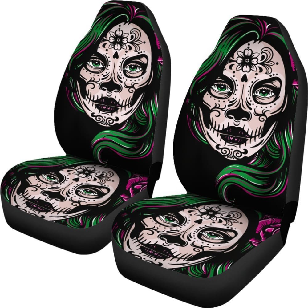 2 Pcs Sugar Skull Girl Car Seat Covers - Gothic Mexican Style Auto Accessories for Women, Halloween Decor & Dia de Los Muertos Celebration - Perfect for Sedan, SUV, Truck Seats