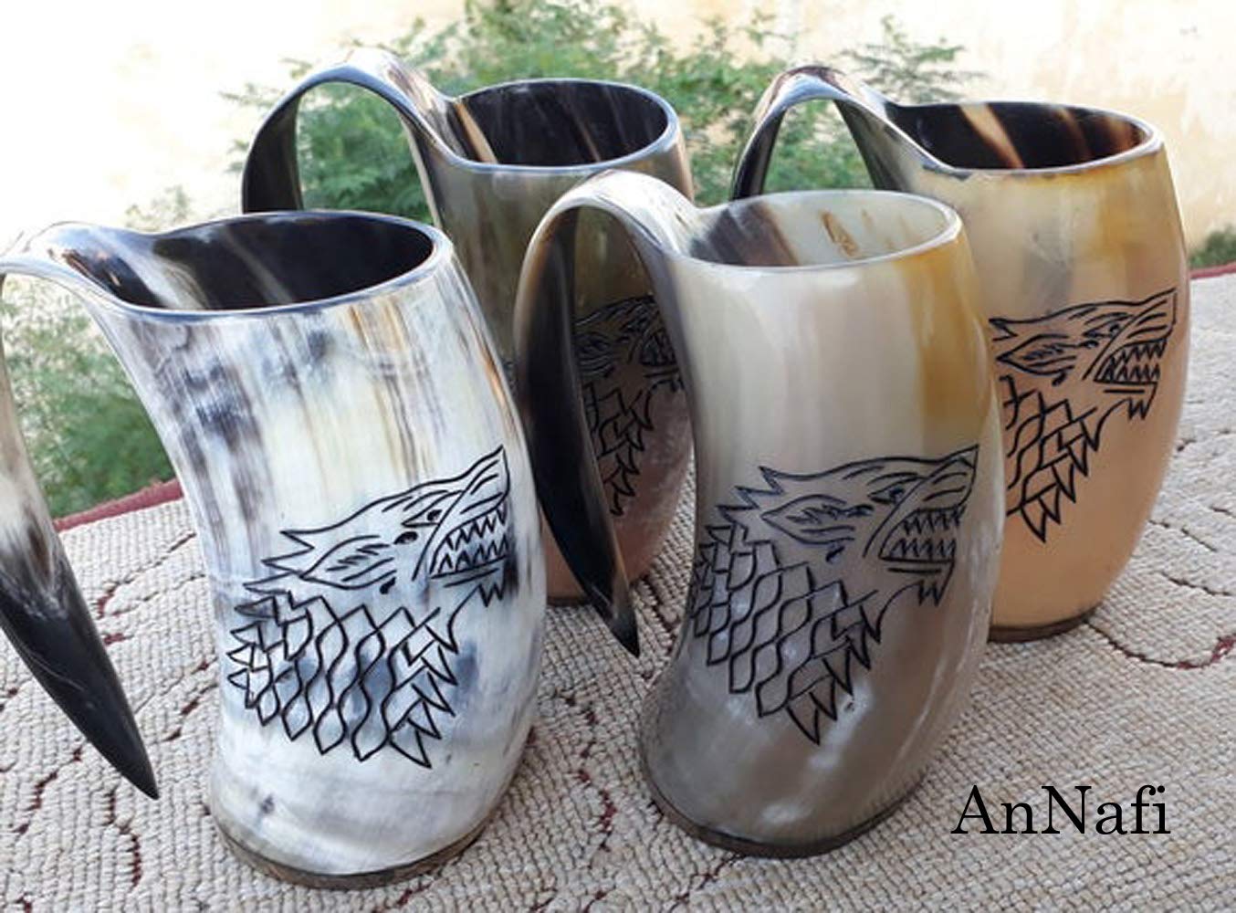 AnNafi® Authentic Viking Drinking Horn Set of 4 - Handcrafted Natural Horn Tankards for Beer, Wine & Mead - Game of Thrones Direwolf Design - Unique Handmade Drinking Mugs for Medieval Parties, Viking Themed Events & Fantasy Home Decor