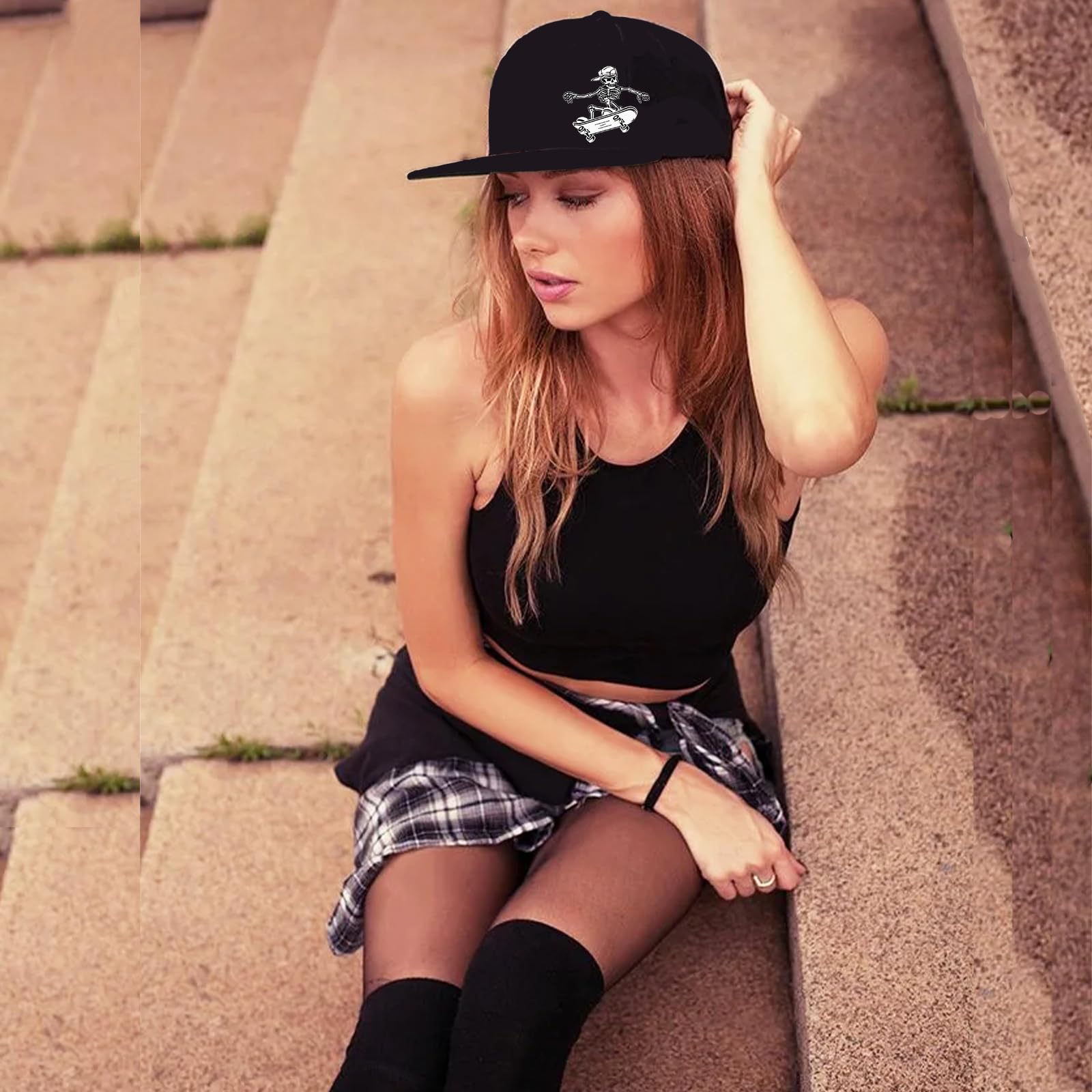 Men's Snapback Hats - Black Flat Bill Skull Baseball Cap with Adjustable Strap | Stylish Streetwear for Casual Outfits & Sports Events