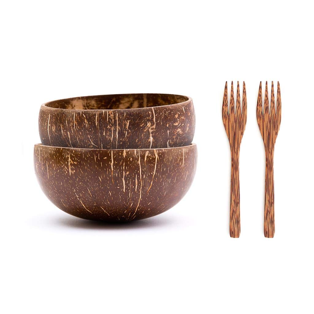 2 Eco-Friendly Handmade Coconut Bowls with 2 Wooden Forks - 100% Natural Organic Kitchen Set - Sustainable Reclaimed Coconut Shells - Perfect for Smoothie Bowls, Acai Bowls & Healthy Breakfasts