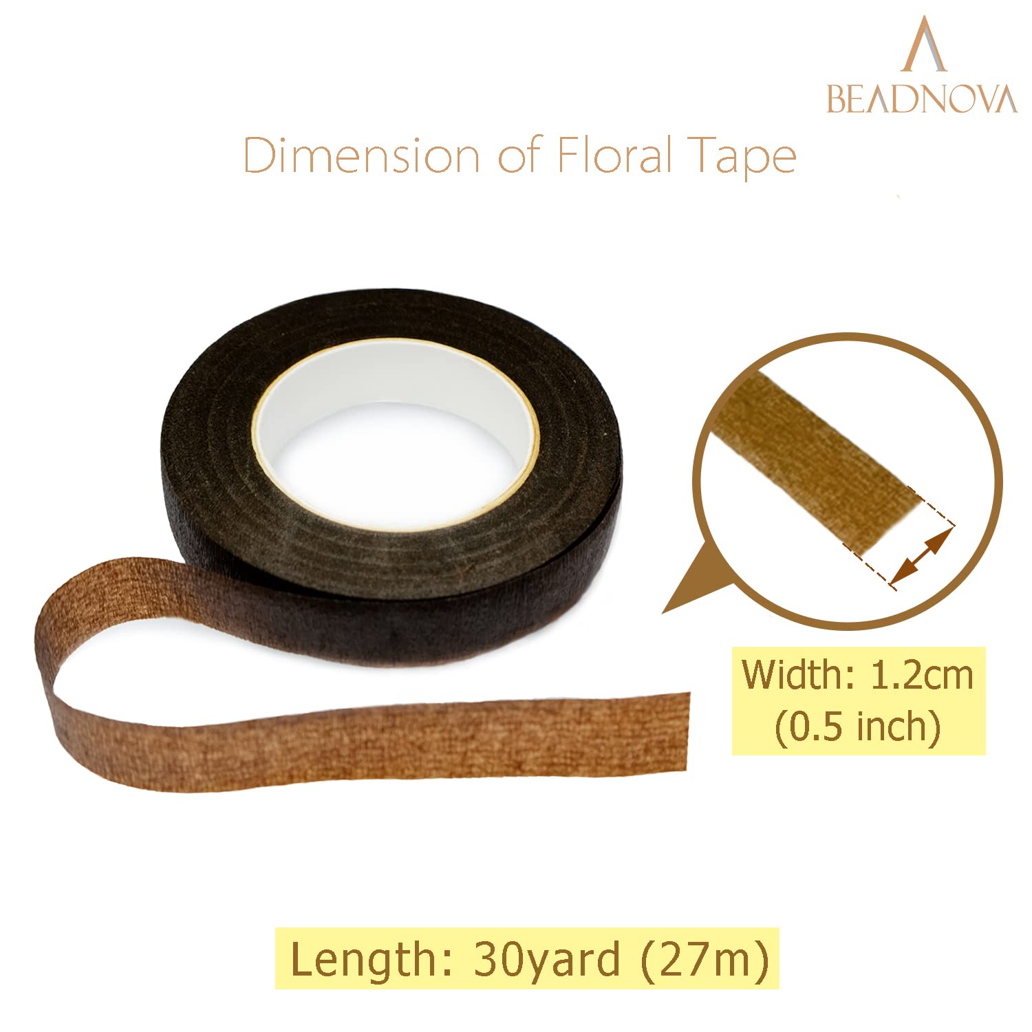 BEADNOVA 1/2 Inch Floral Tape - Brown Flower Stem Wrap Tape for Bouquets, Floral Arrangements, DIY Crafts (30 Yards) - Perfect for Wedding Flowers, Gift Wrapping & Home Decor