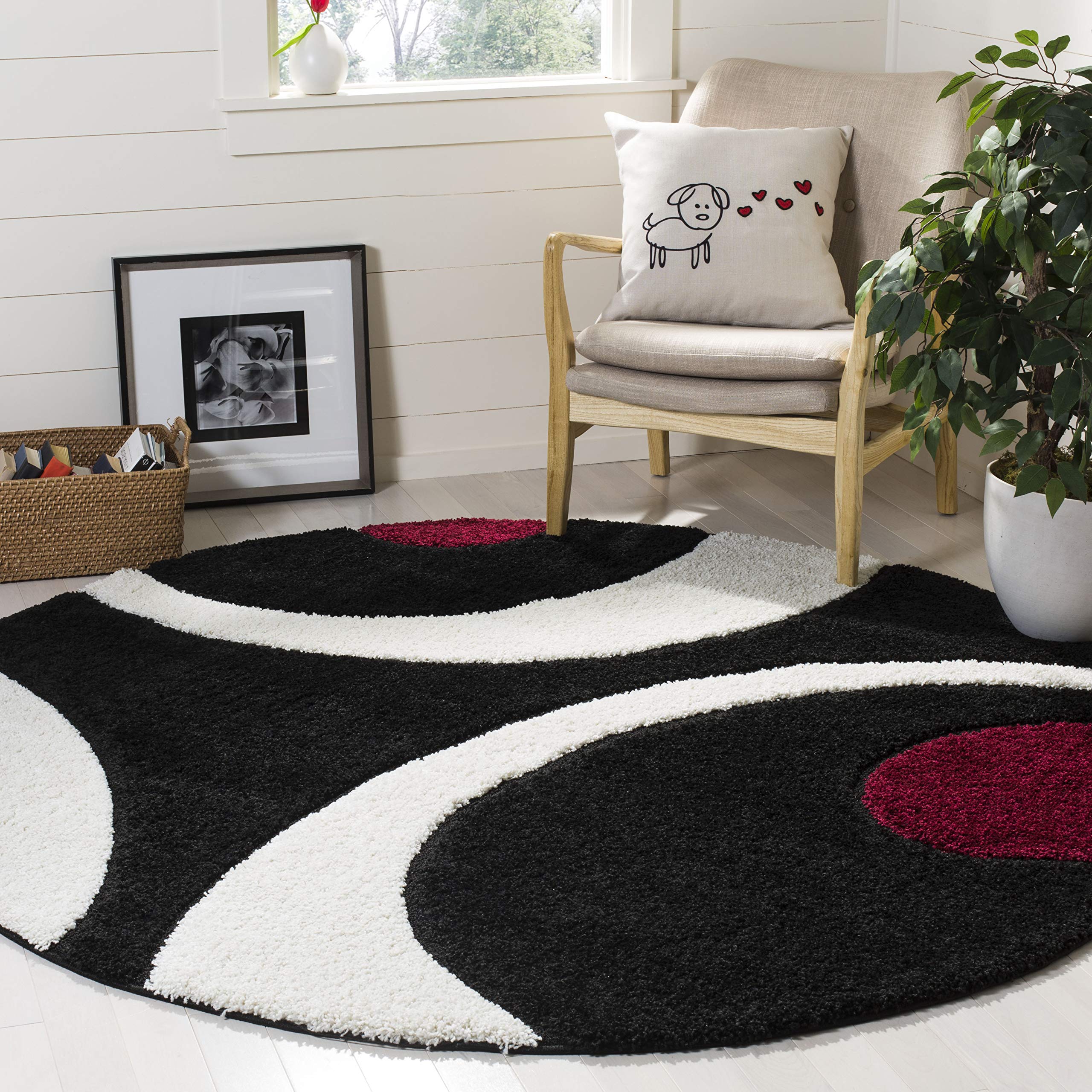 SAFAVIEH Florida Shag Collection 4' Round Black/Ivory SG474 - Mid-Century Modern Abstract Non-Shedding Area Rug (1.2-inch Thick) for Living Room, Bedroom, Dining Room & Entryway - Soft Plush Rug Perfect for Cozy Home Decor & High-Traffic Areas