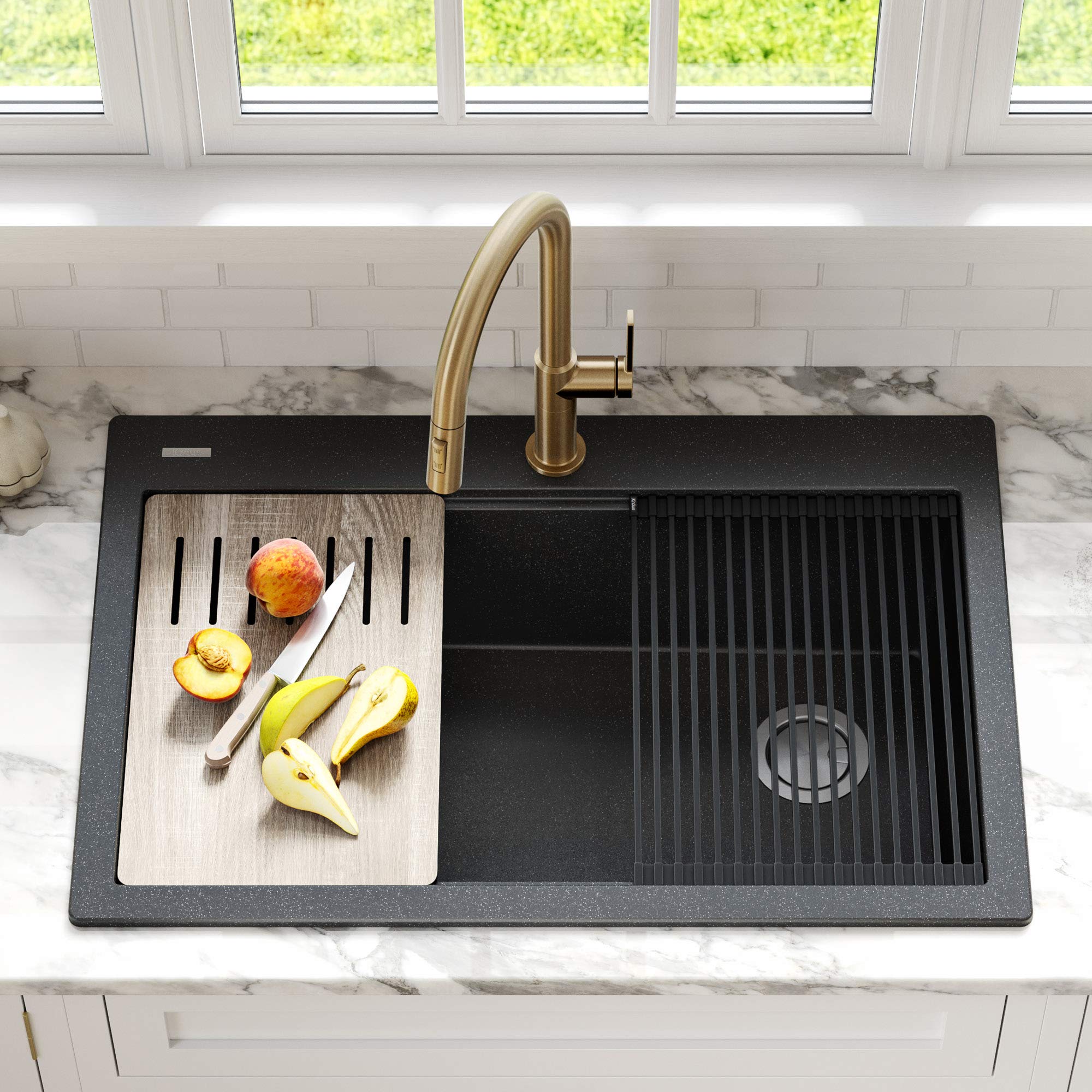 KRAUS Bellucci 33-Inch Drop-In Granite Composite Single Bowl Kitchen Sink in Metallic Black with Accessories & WasteGuard™ Garbage Disposal - Durable, Stylish for Modern Kitchens | Perfect for Meal Prep, Dishwashing & Entertaining