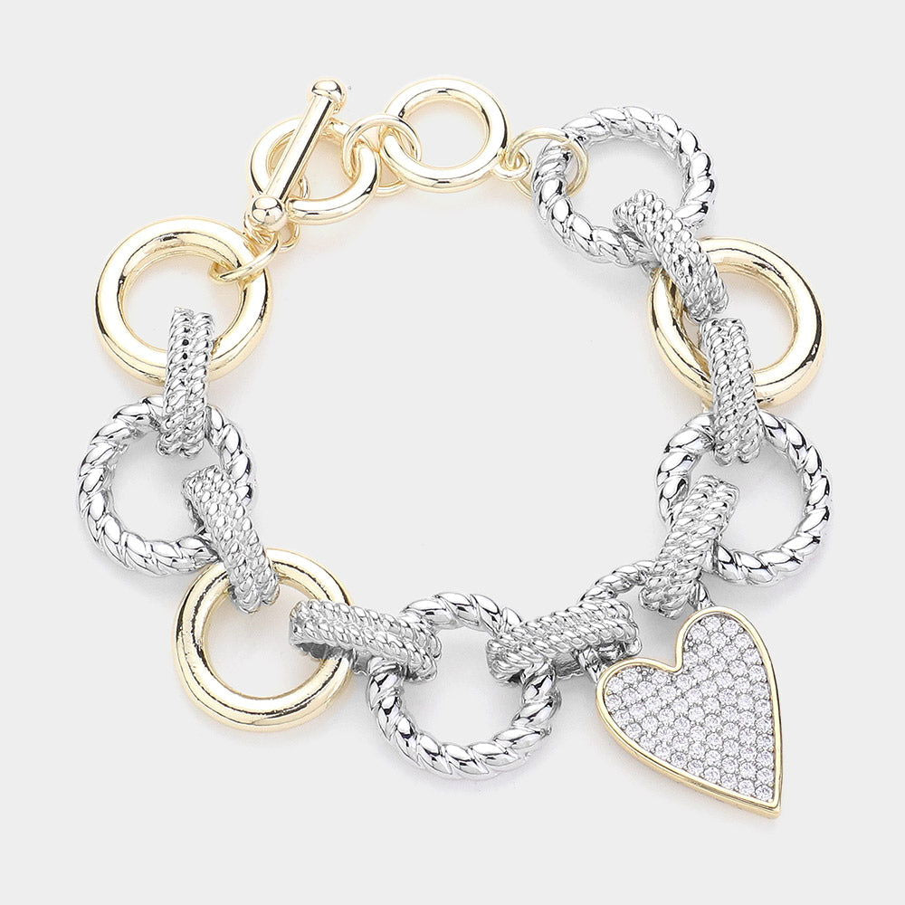 14K Gold Plated CZ Heart Pendant Toggle Bracelet for Women - Elegant Adjustable Link Chain Jewelry Gift for Valentine's Day, Anniversary & Special Occasions