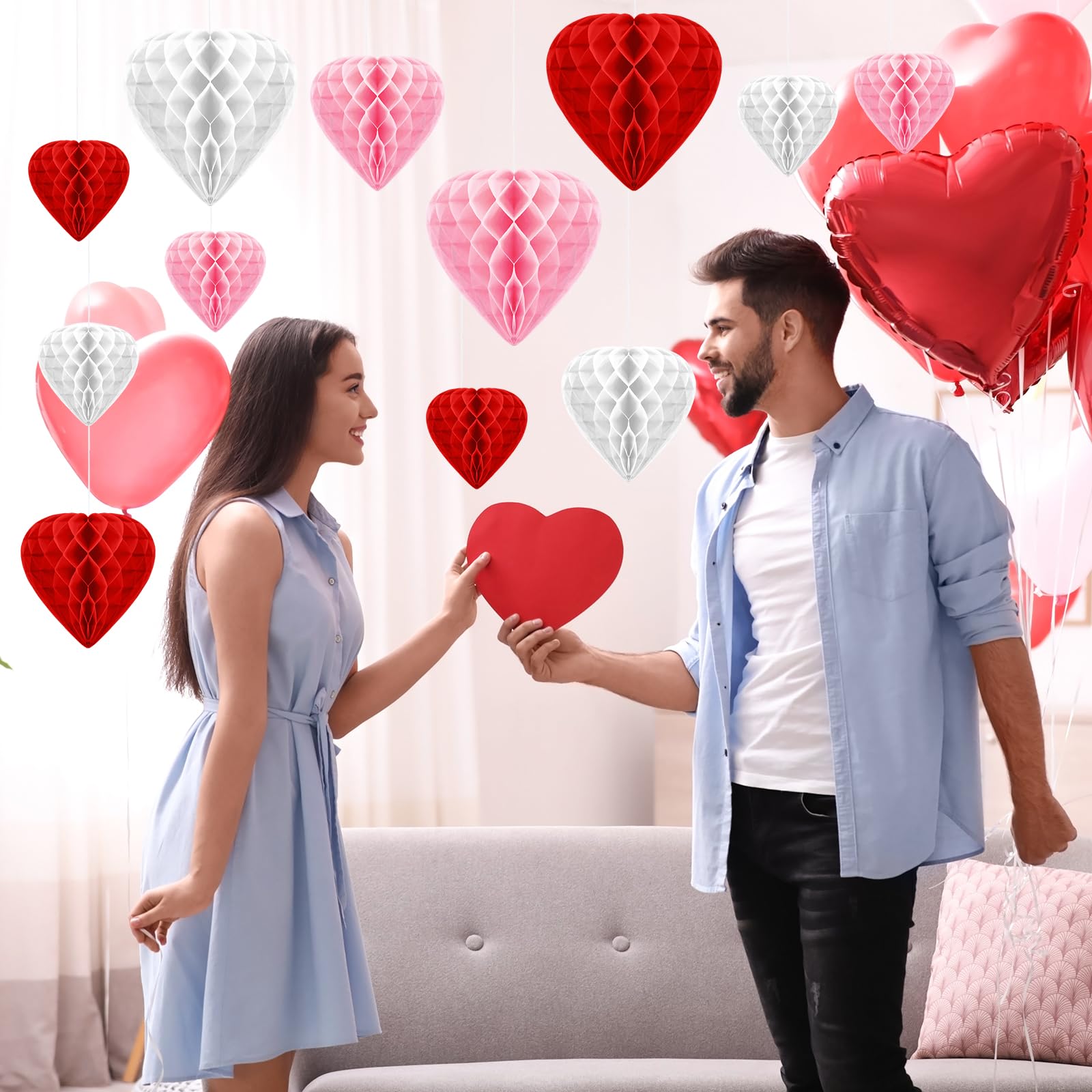 12 Pcs Valentine's Day Heart Shaped Honeycomb Ball Decorations - Red Paper Pom Poms Hanging Pendants for Wedding, Bridal Shower, Party & Photo Backdrop Ceiling Decor (Perfect for Romantic Proposals, Anniversary Celebrations & Home Decoration)