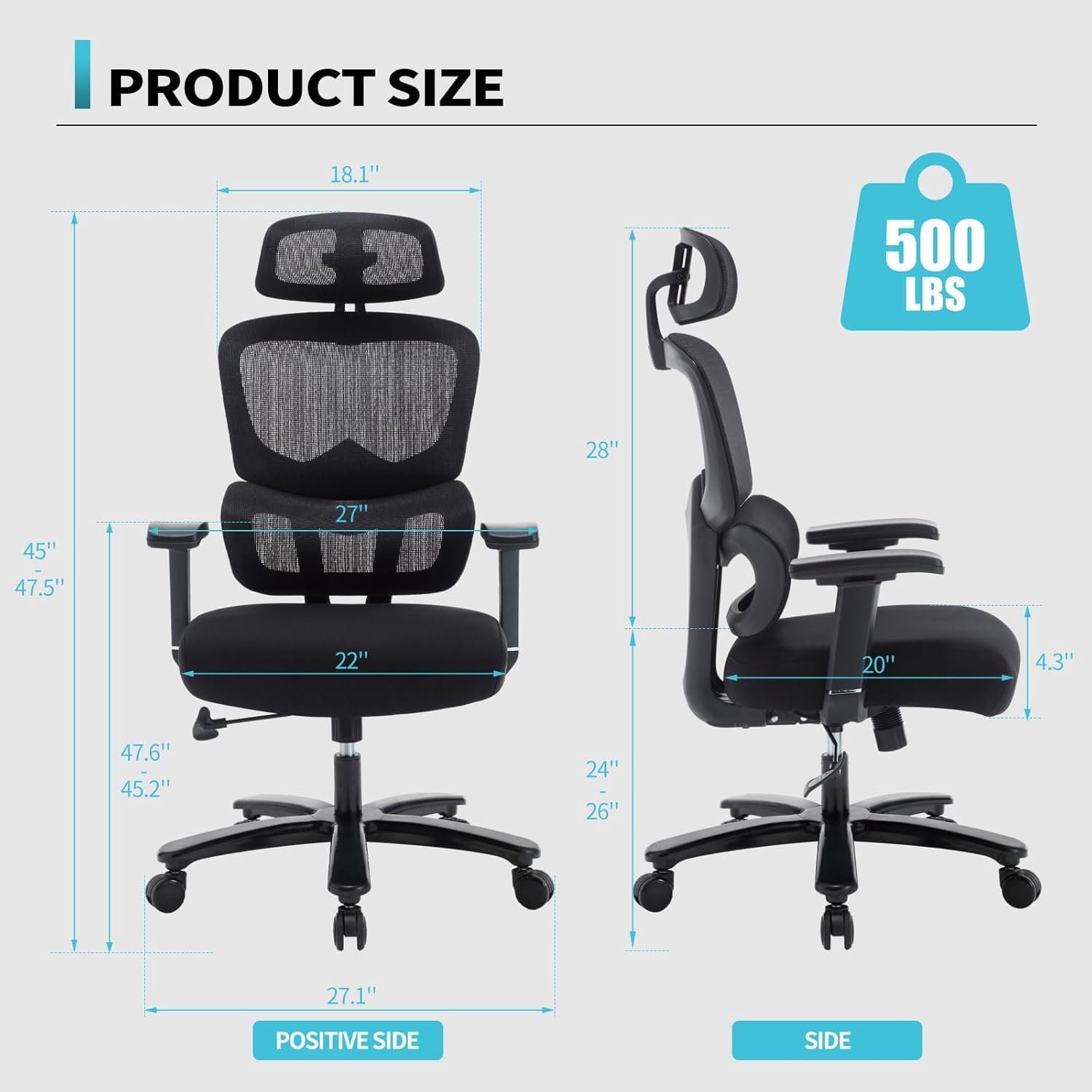 Premium Ergonomic Office Chair - High Back Mesh Desk Chair for Big & Tall up to 500lbs | Heavy Duty Metal Base | Adjustable Lumbar Support & 2D Headrest | Perfect for Home Office, Gaming & Long Work Sessions