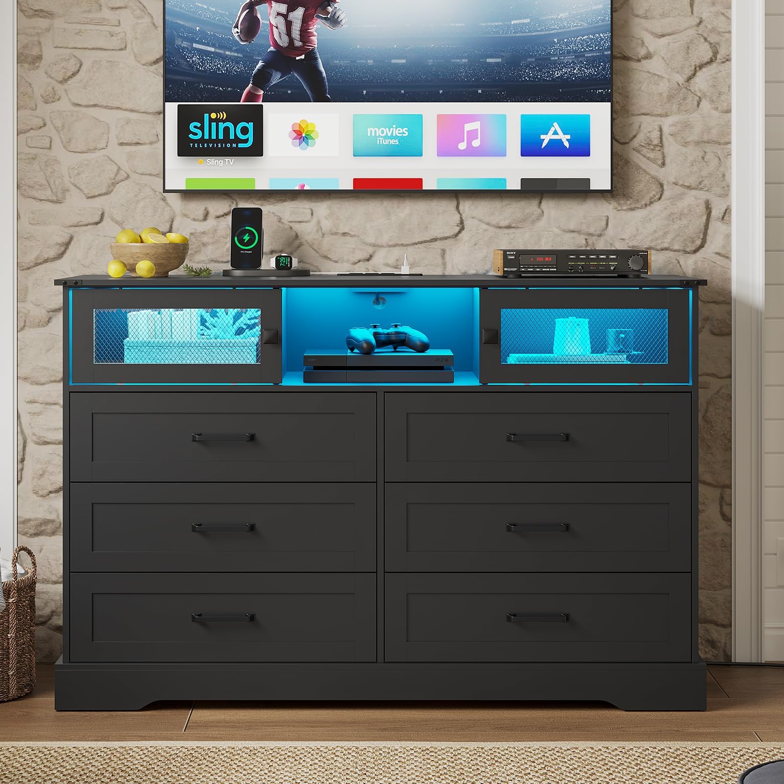 Hasuit 6-Drawer LED Dresser with USB Charging Station - Farmhouse Style Closet Organizer & Clothes Storage Cabinet - Perfect for Bedroom, Living Room, Hallway (Black) | Ideal for Home Organization, Nightstand Alternative, and Modern Bedroom Decor