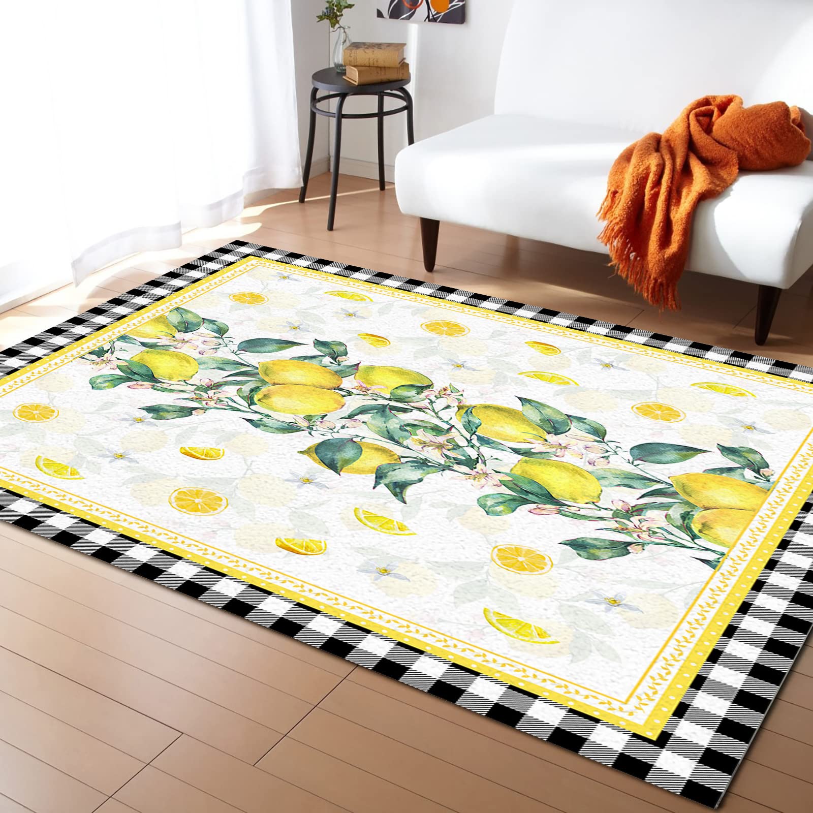 5'x8' Large Non-Slip Area Rug - Black and White Plaid Pattern for Living Room, Bedroom, Kitchen | Durable Floor Mat for Kids Room, Home Decor with Marble Backdrop | Perfect for Farmhouse, Modern & Rural Style Homes