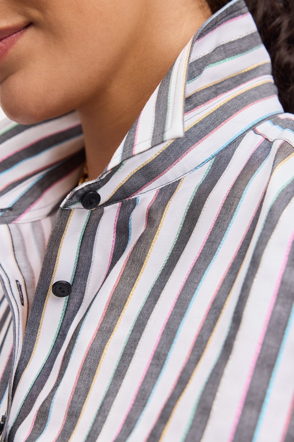 Stylish Boyfriend Plus Size Rainbow Lurex Stripe Long Sleeve Shirt for Women | Trendy Casual & Party Wear