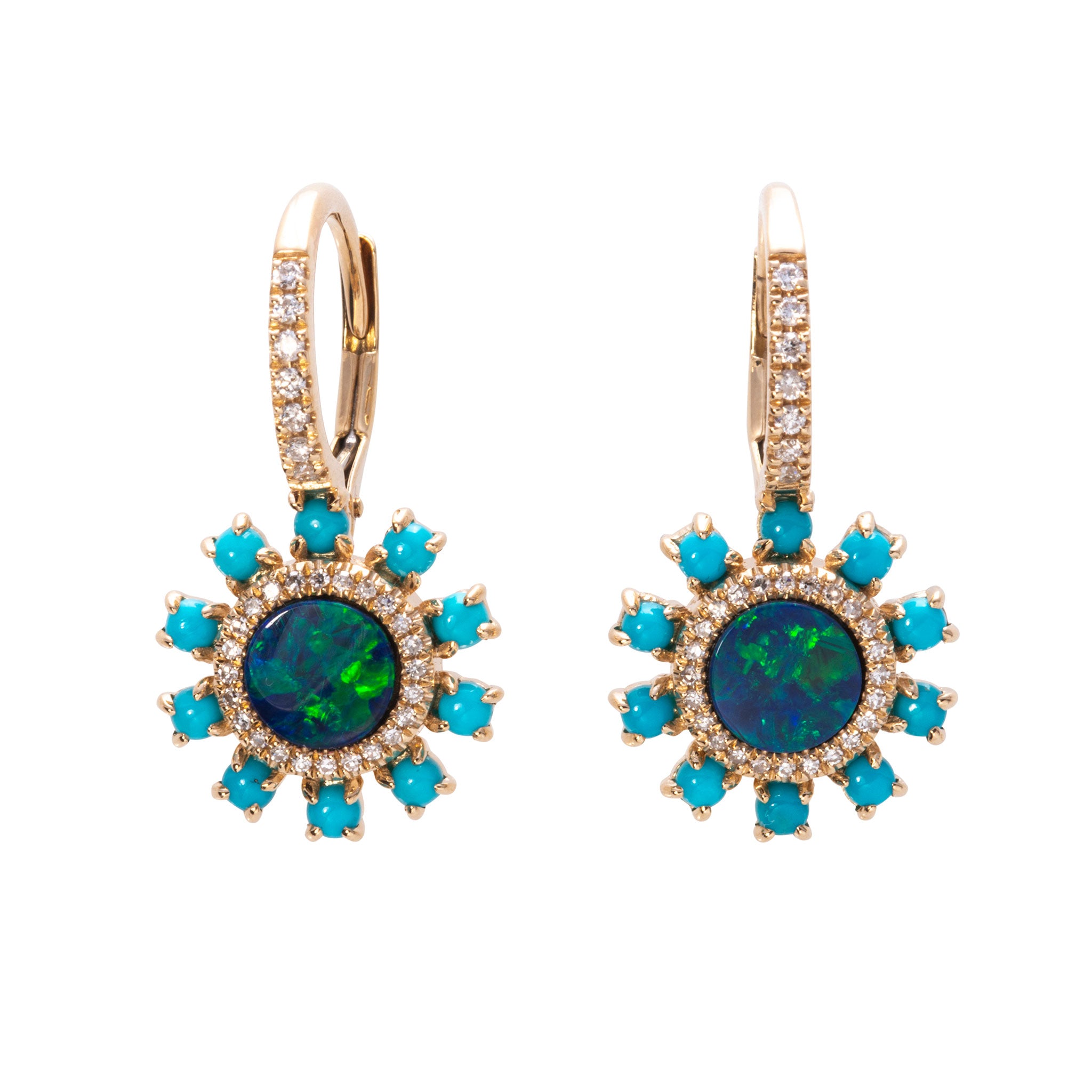 14K Yellow Gold Opal, Turquoise & Diamond Leverback Earrings for Women - Elegant Dangle Earrings for Parties, Weddings & Special Occasions