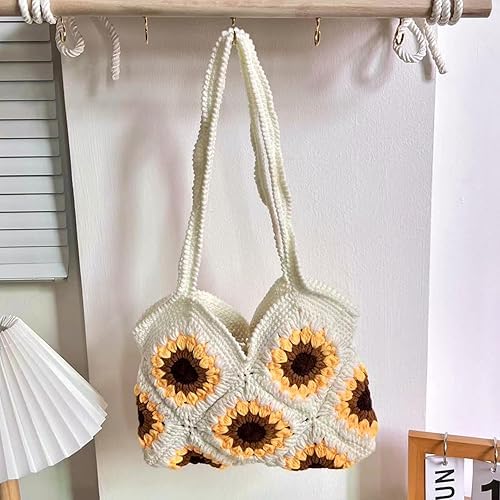 Sunflower Crochet Crossbody Bag for Women - Handmade Woven Tote Beach Purse, Large Knit Shoulder Bag for Vacation, Travel, Shopping & Summer Outfits (White-2)