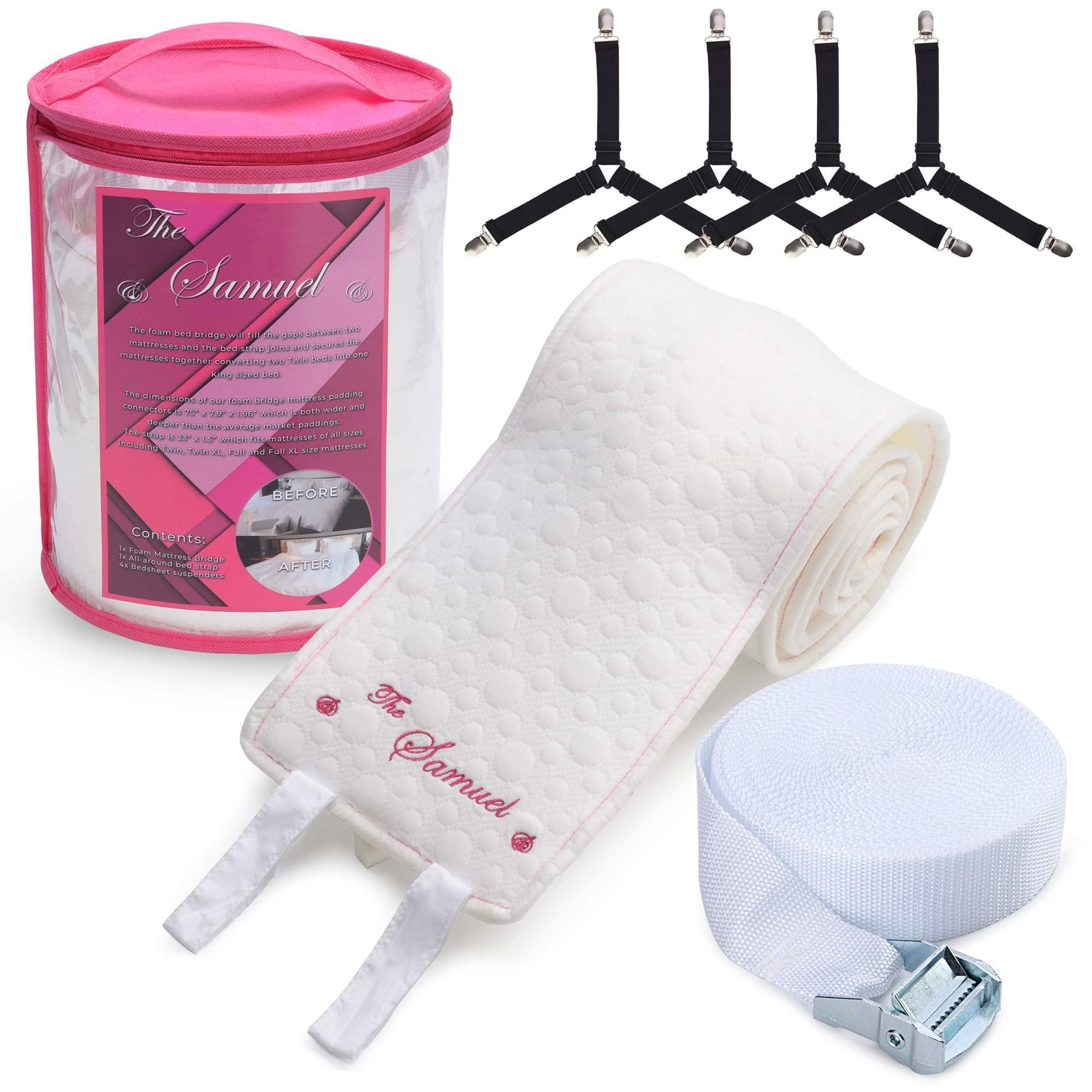 **XL Pink Samuel Bed Bridge - Twin to King Size Connector Kit with 4 Sheet Straps & Clips | 10-Inch Wide Bed Gap Filler | California XL Mattress Topper & Guest Accessories | Twin Size Mattress Cover | Perfect for Guest Beds, Dorm Rooms & Home Comfort**