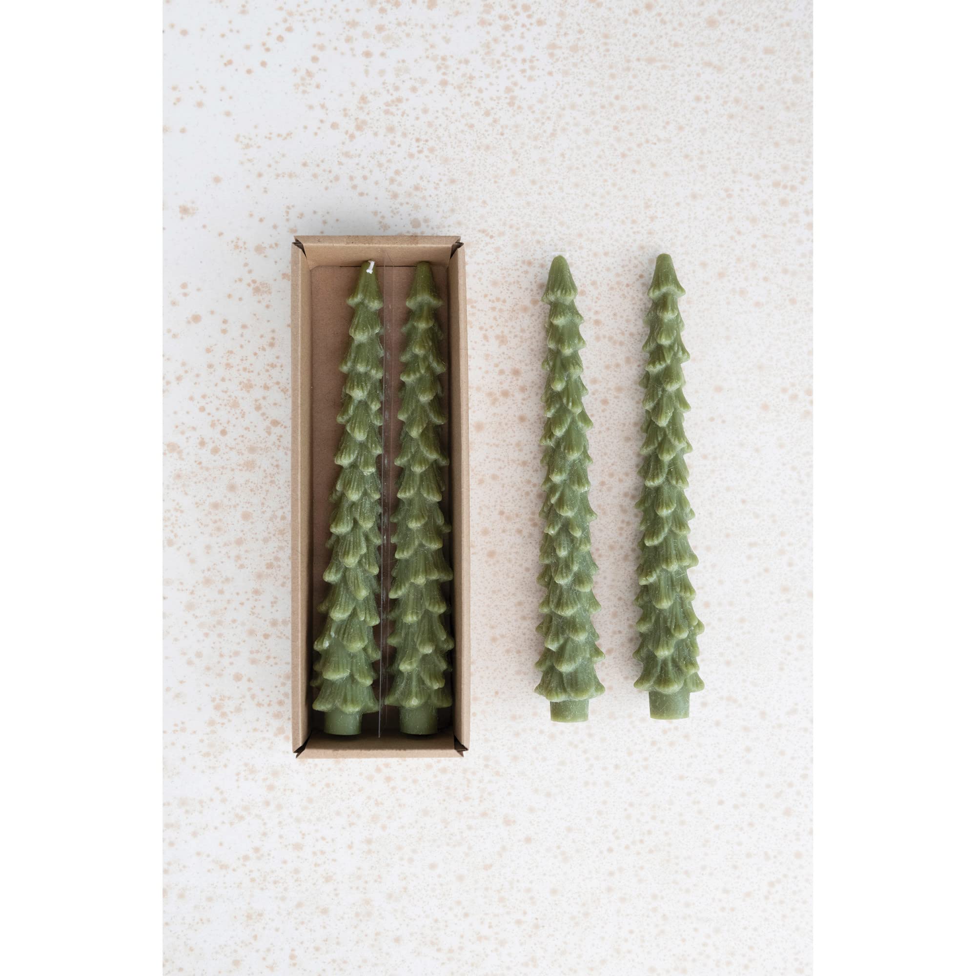 Unscented Tree Shaped Taper Candles - Cedar Green Boxed Set of 2 | Creative Co-Op | Perfect for Christmas Decor, Holiday Centerpieces & Winter Table Settings