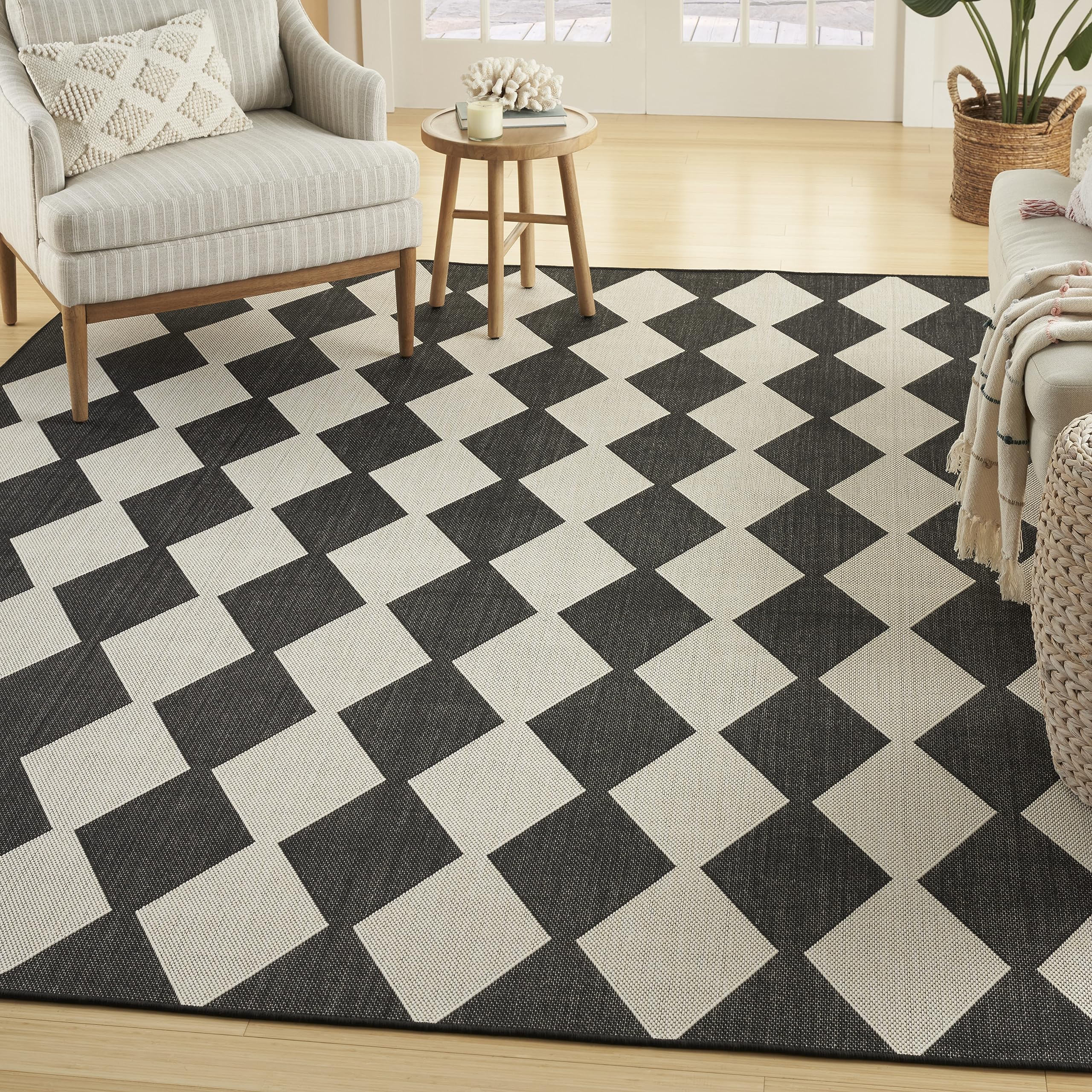 Nourison Positano 8x10 Indoor Outdoor Area Rug - Black, Easy to Clean, Non-Shedding - Perfect for Bedroom, Living Room, Dining Room, Backyard, Deck & Patio | Durable & Stylish Home Decor