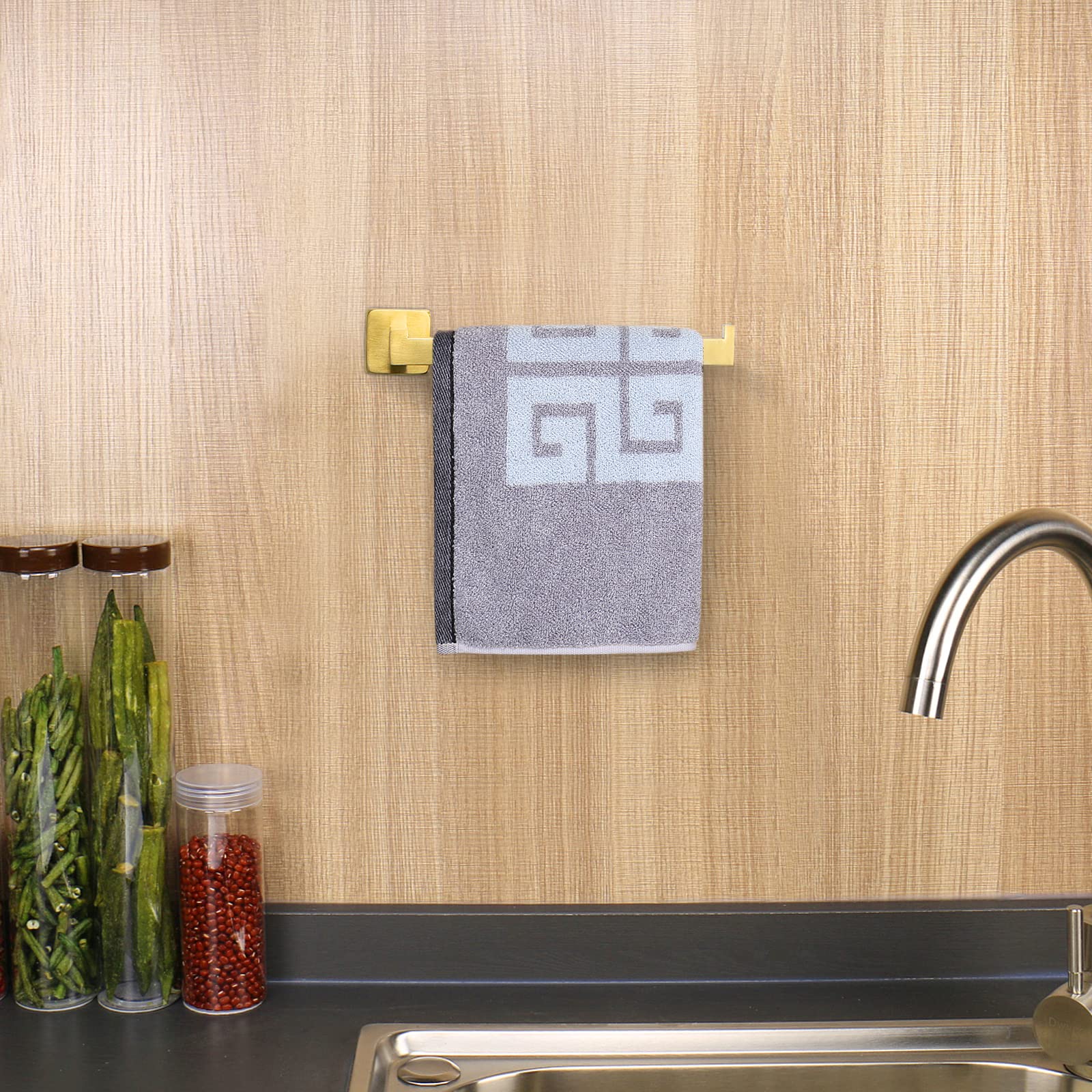 Premium SUS304 Stainless Steel Square Hand Towel Holder - Rustproof Wall Mounted Towel Ring for Bathroom & Kitchen - Contemporary Brushed Gold Bath Accessory - Perfect for Modern Home Decor & Spa-Like Experience