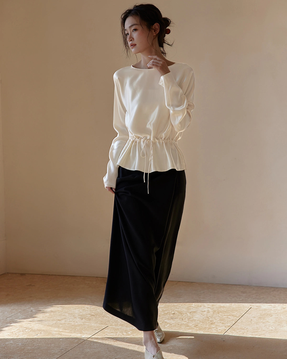 Elegant Drawstring Waist Silk Blouse for Women - Soft & Luxurious Long Sleeve Tops - Perfect for Office, Date Night & Special Occasions