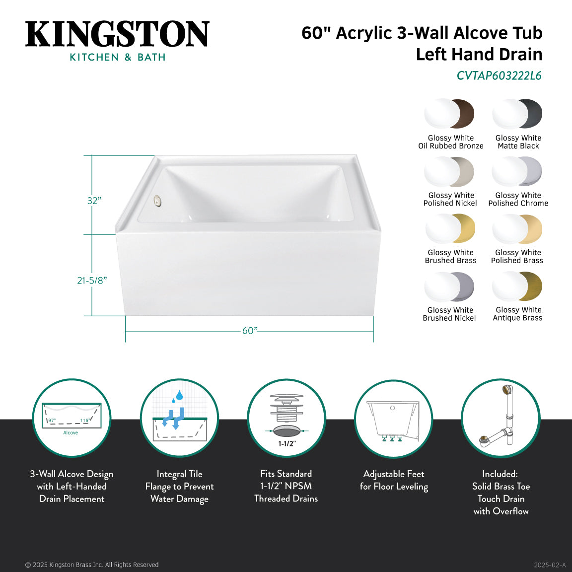 Aqua Eden 60 Inch Acrylic Rectangular 3 Wall Alcove Bathtub - Left Hand Drain, Glossy White with Polished Chrome Finish | Perfect for Modern Bathroom Renovations and Spa-Like Retreats