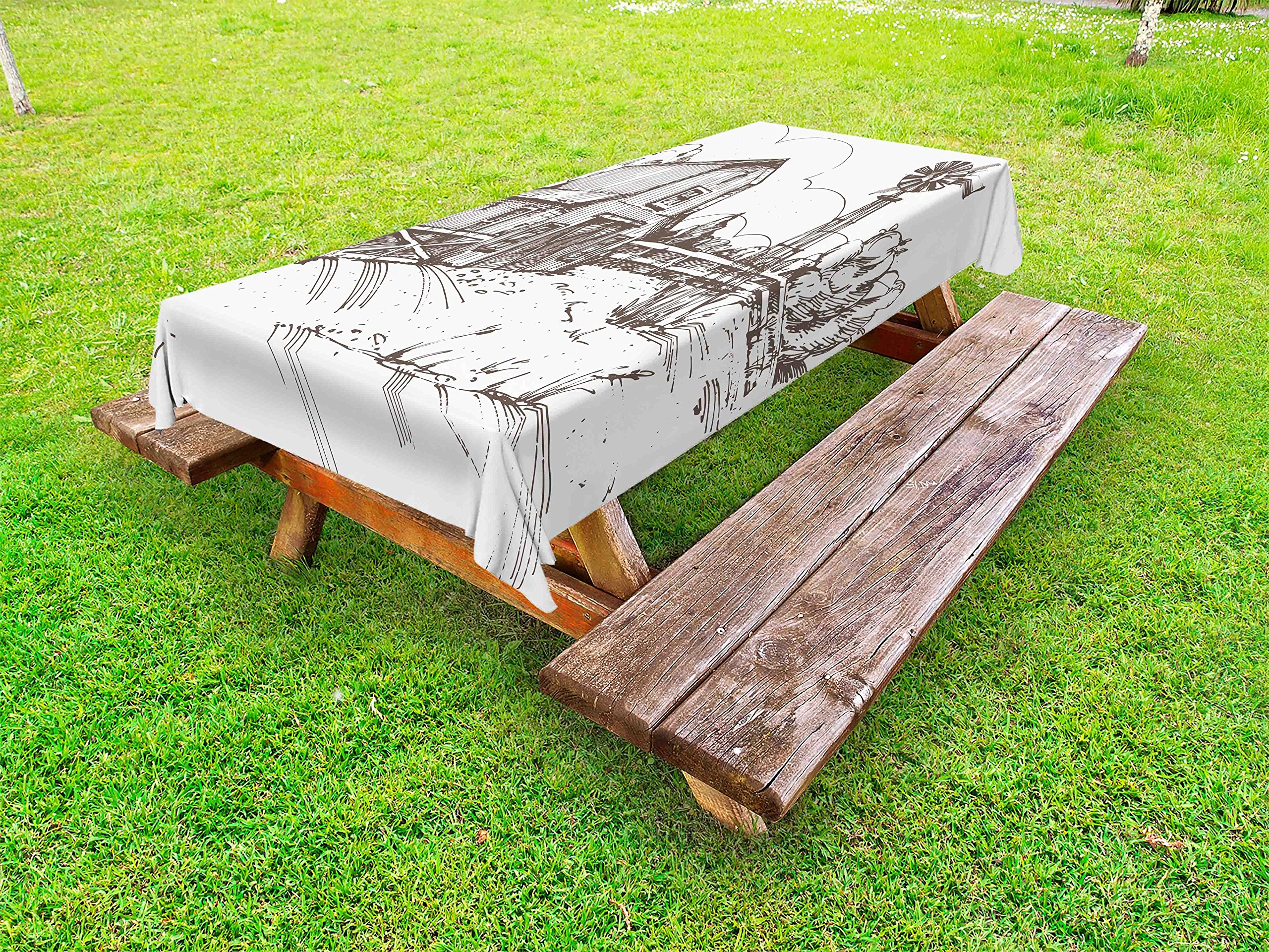 Ambesonne Windmill Outdoor Tablecloth - Rustic Farmhouse Design, Hand-Drawn Country Meadow Illustration, Washable Picnic Table Cover 58x120 Inches - Perfect for Backyard BBQs, Garden Parties & Outdoor Dining (Dark Brown/White)