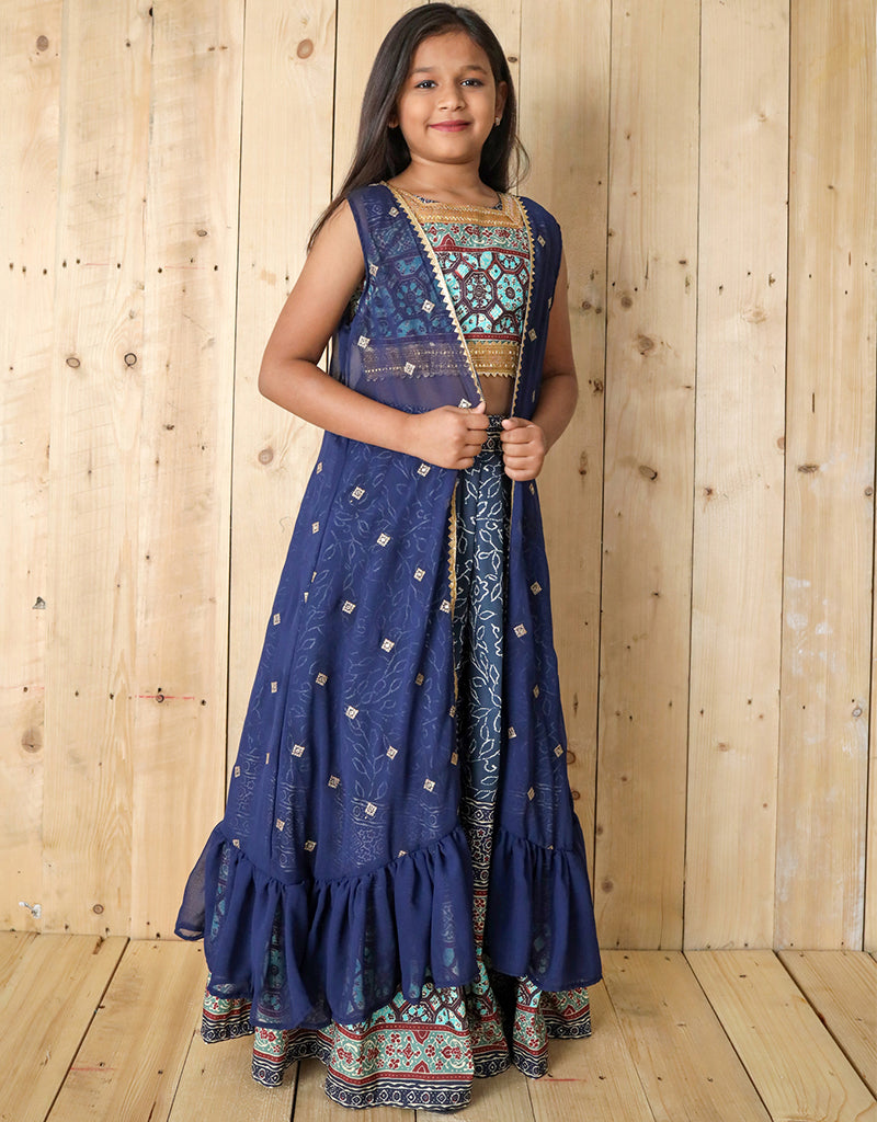 All-Season Designer Silk Digital Print Work Shrug with Sequins - Blue Kids Lehenga Choli Set | Perfect for Festivals, Weddings & Special Occasions