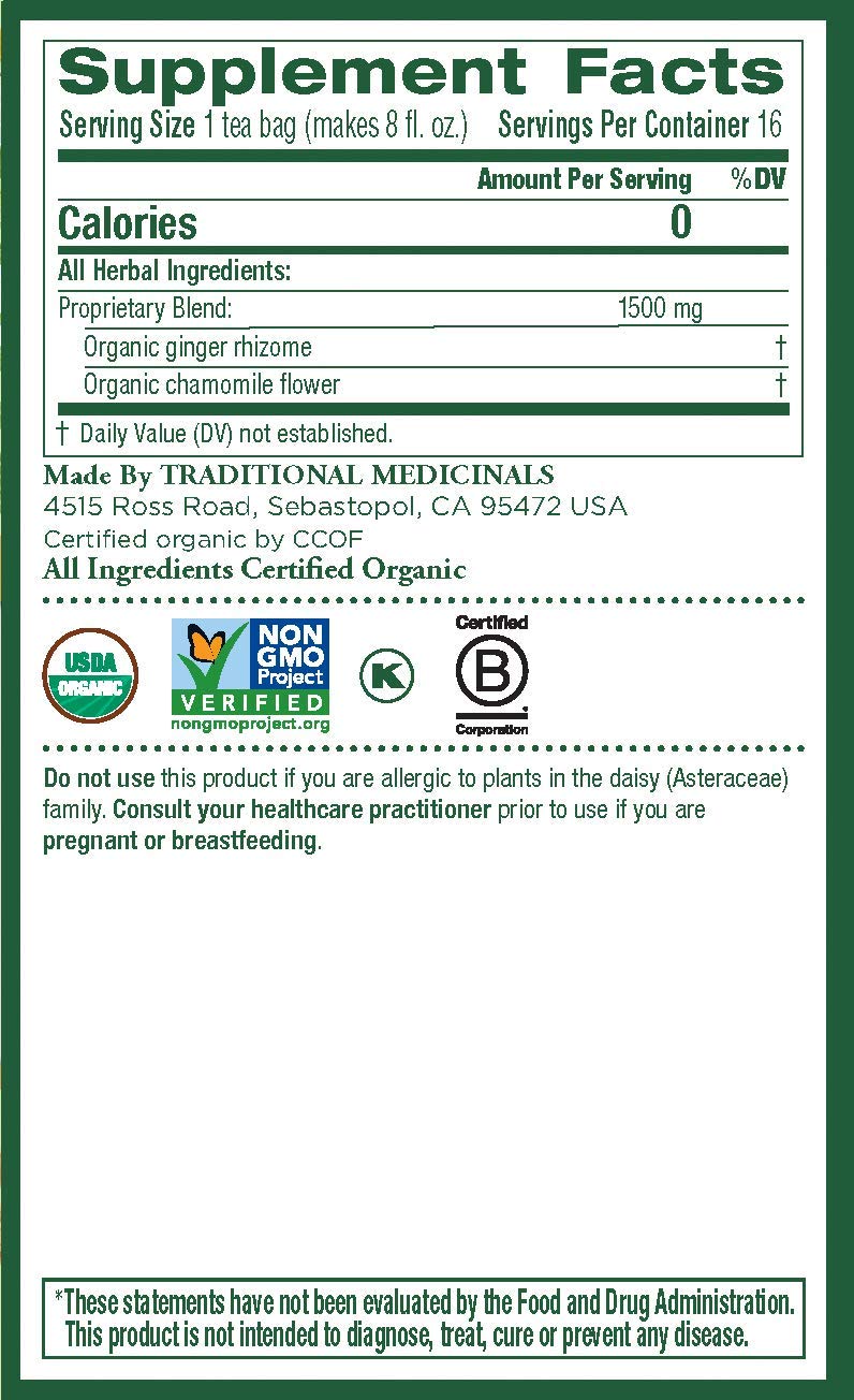 Organic Ginger Chamomile Tea Bags - Traditional Medicinal Herbal Tea for Digestion & Relaxation - 16 Count - Perfect for After Meals, Stress Relief & Evening Wind Down