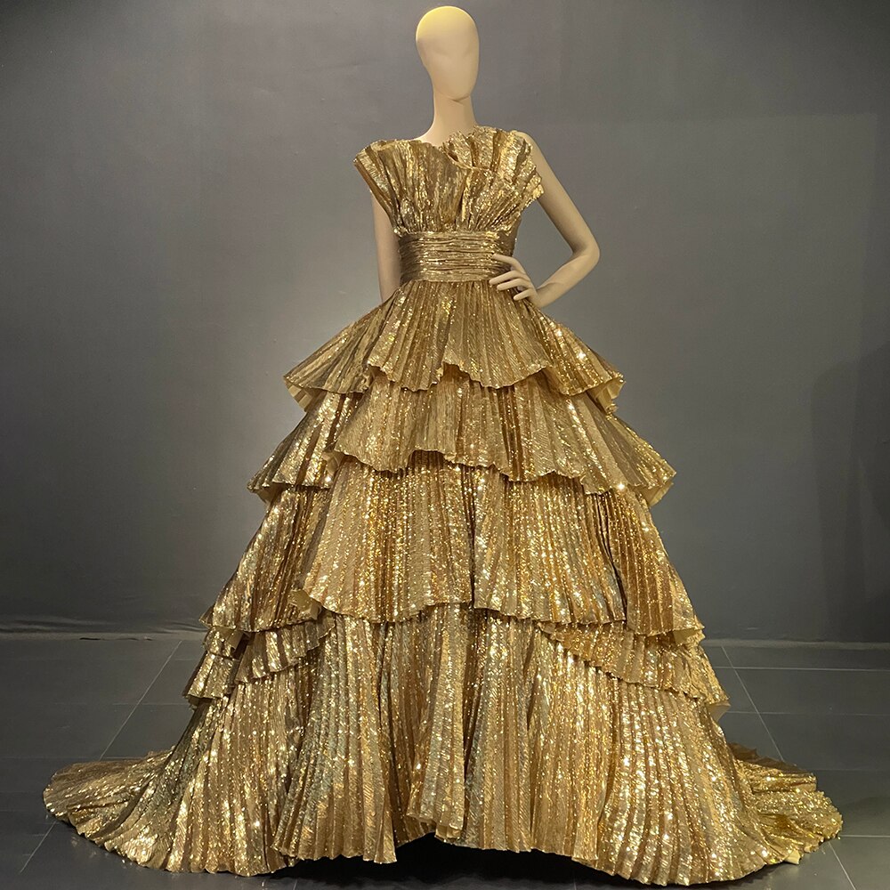 Luxury Serene Hill Gold A-Line Ruffles Scalloped Neck Evening Dress for Women - Elegant Party Gown 2025 Collection (LA71753) | Perfect for Galas, Weddings & Formal Events