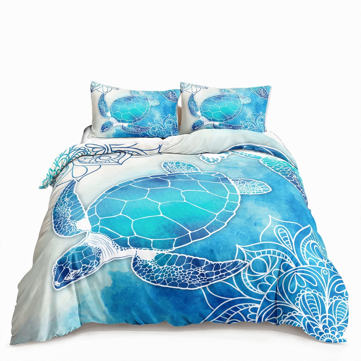 HOSIMA Coastal Beach Themed Sea Turtle Bedding Set - Queen Size Mandala Turtle Comforter Cover with 2 Pillowcases for Kids, Teens, Boys & Girls Room Decor | Perfect for Beach House, Dorm Room or Ocean-Themed Bedroom