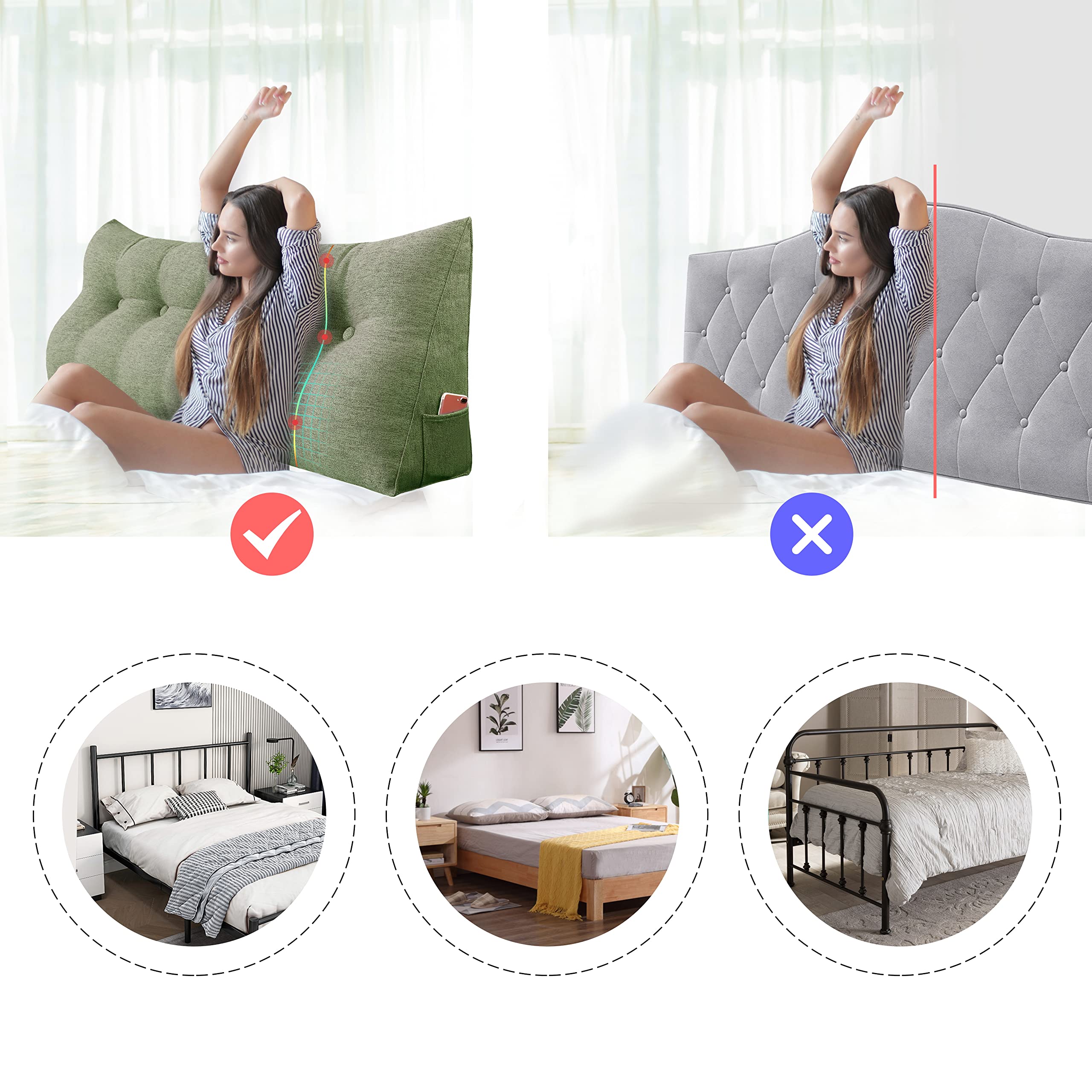 WOWMAX Multifunctional Upholstered Headboard Pillow for Twin/Twin XL Beds - Button Tufted Design with Removable Washable Cover (Green) - Perfect for College Dorm Rooms, Small Apartments & Bedroom Decor