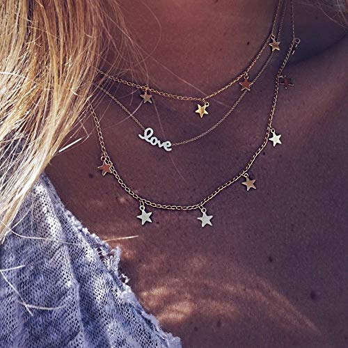 Missgrace 14K Gold Layered Star Pendant Choker Necklace for Women - Dainty Long Chain with Love Star Charm, Elegant Layered Jewelry Gift for Her | Perfect for Date Night, Anniversary & Everyday Wear