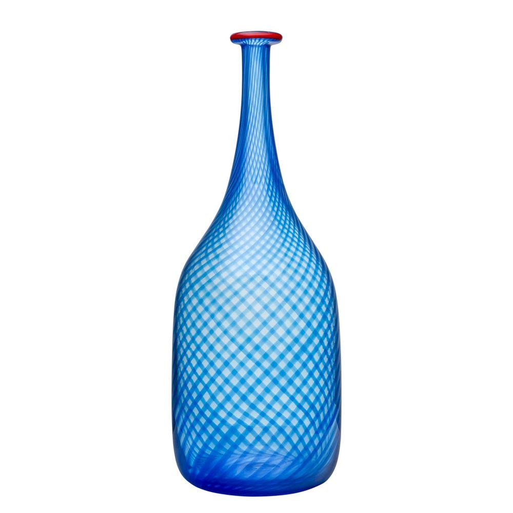Kosta Boda Art Glass Red Rim Bottle - Handmade Swedish Blue Decanter for Wine & Liquor | Elegant Home Bar Decor & Gift Idea