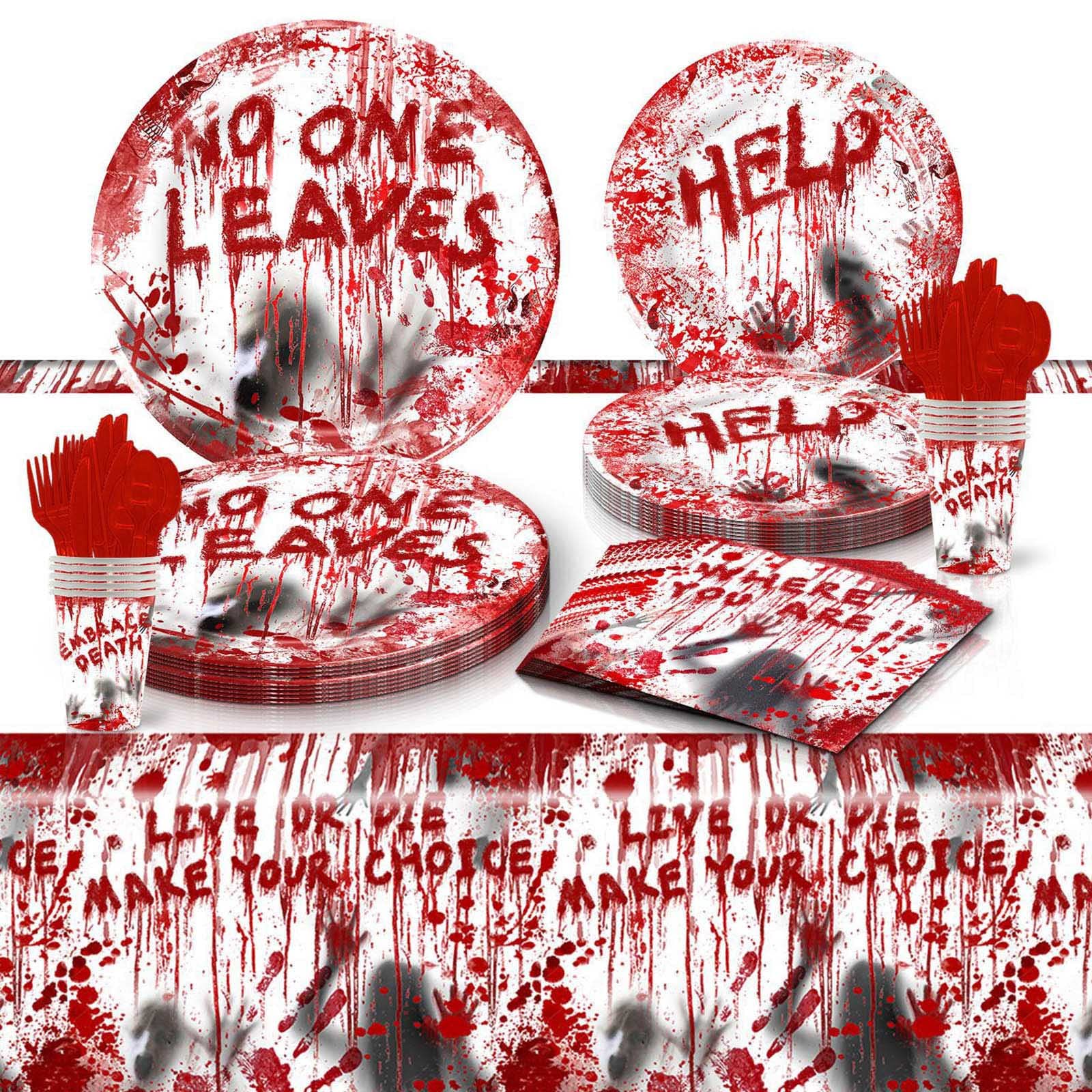 PONPRNGY 81-Piece Scary Halloween Party Supplies Set - Bloody Tablecloth, Plates, Cups, Napkins, Spoons & Forks for Horror Themed Birthday & Halloween Decorations | Perfect for Spooky Parties, Haunted Houses & Trick-or-Treat Events