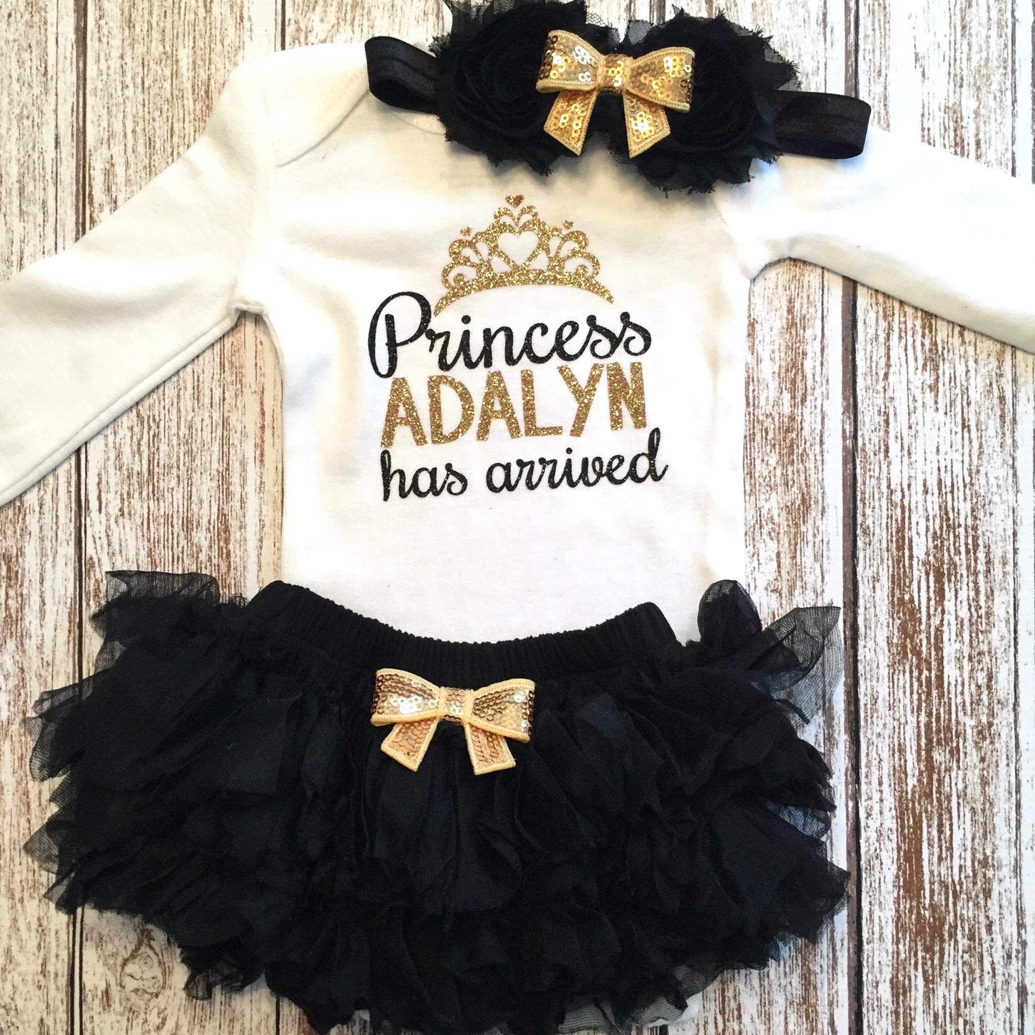 Personalized Baby Girl Take Home Outfit Set - Custom Name, Tutu Bloomers, Headband & Leg Warmers (Black + Gold) | Newborn Photo Shoot, Christening Gift, Princess-Themed Birthday Party