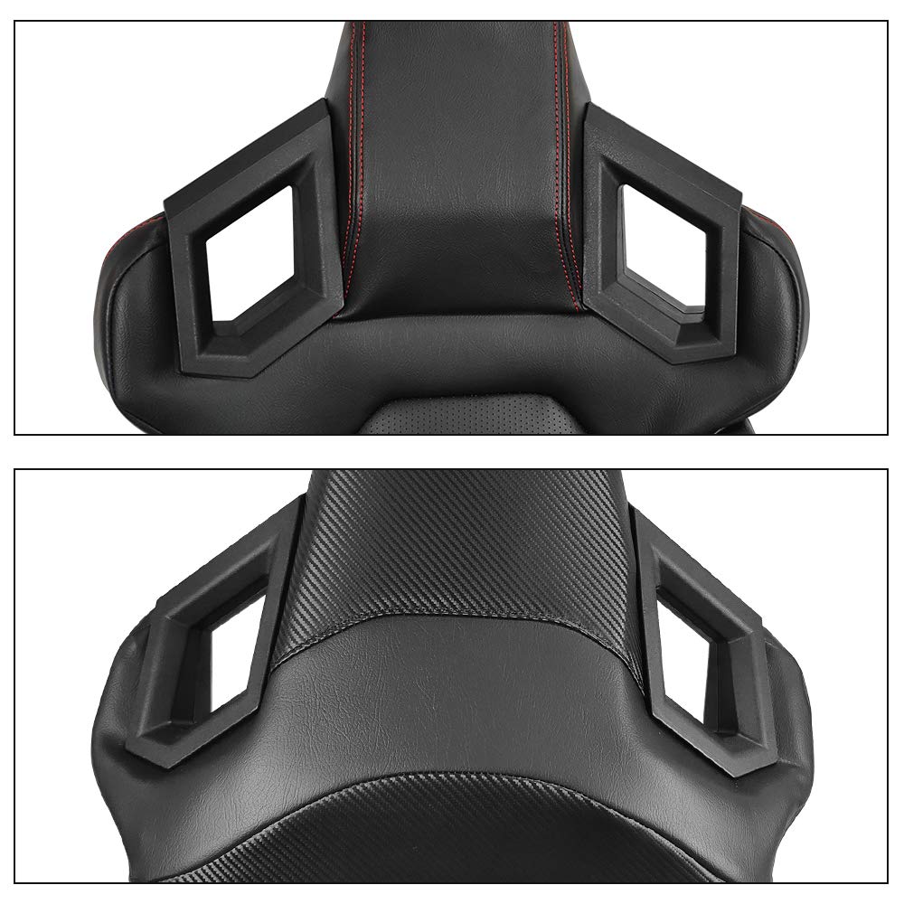 IKON MOTORSPORTS Universal Racing Seat - Left Driver Side with Dual Slider, Black PU Leather with Red Stitch & Stripe, Reclinable Bucket Seat for Sports Cars & Racing Simulators