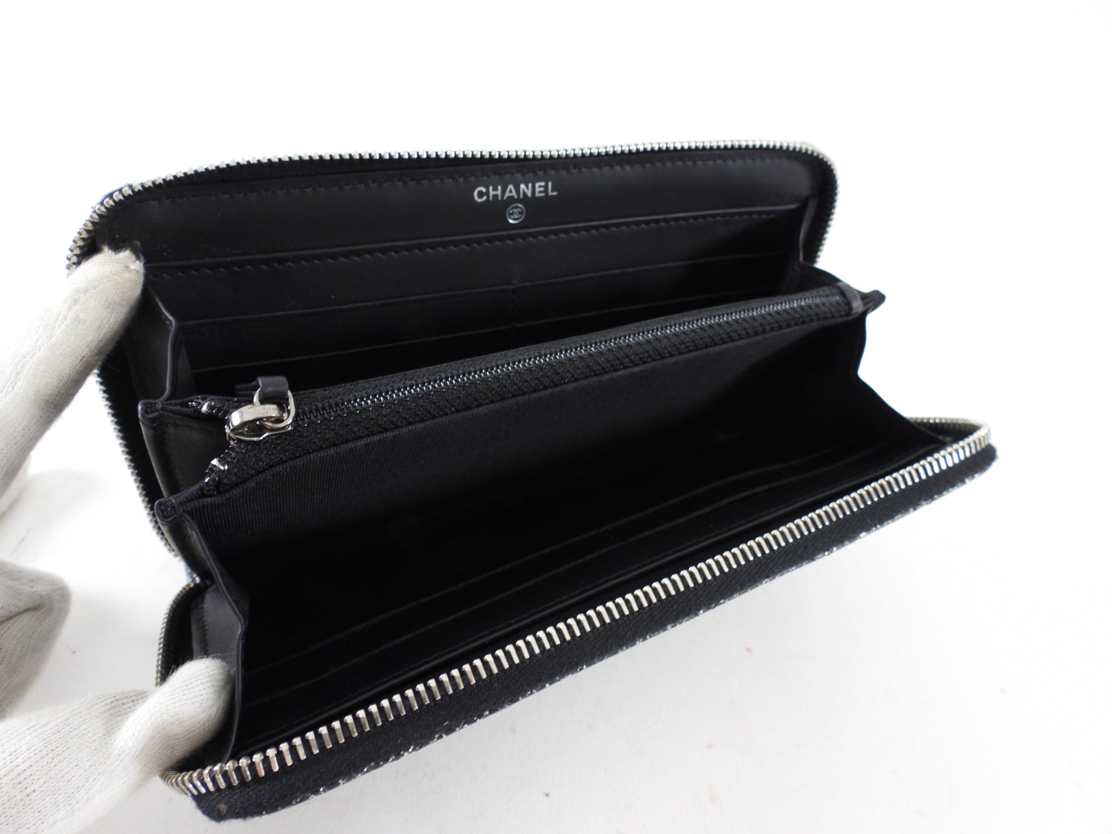 Chanel Black & Silver Leather Quilted CC Zip Continental Wallet - Luxury Women's Designer Wallet for Everyday Use & Special Occasions