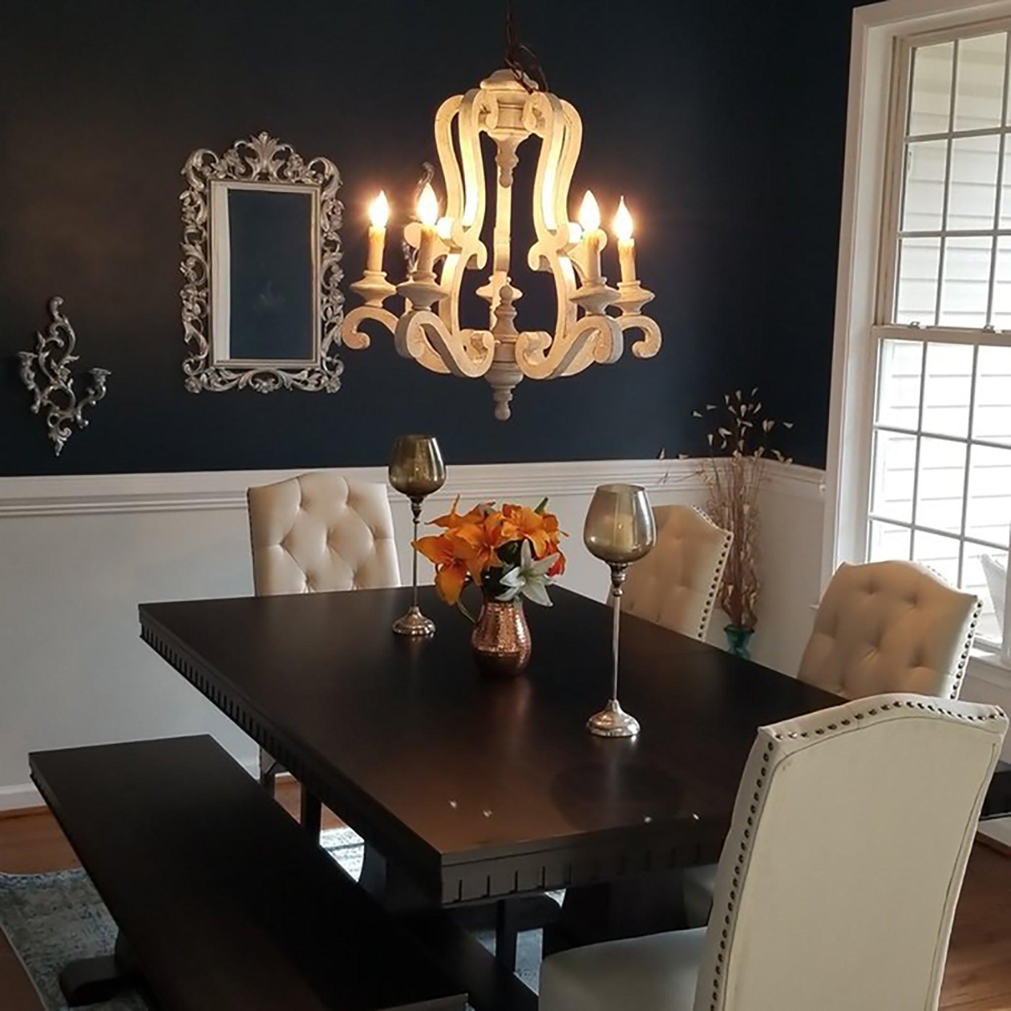 5-Light Antique Wooden Candle Chandelier - Rustic Farmhouse Ceiling Lighting Fixture for Dining Room, Bedroom & Living Room Decor
