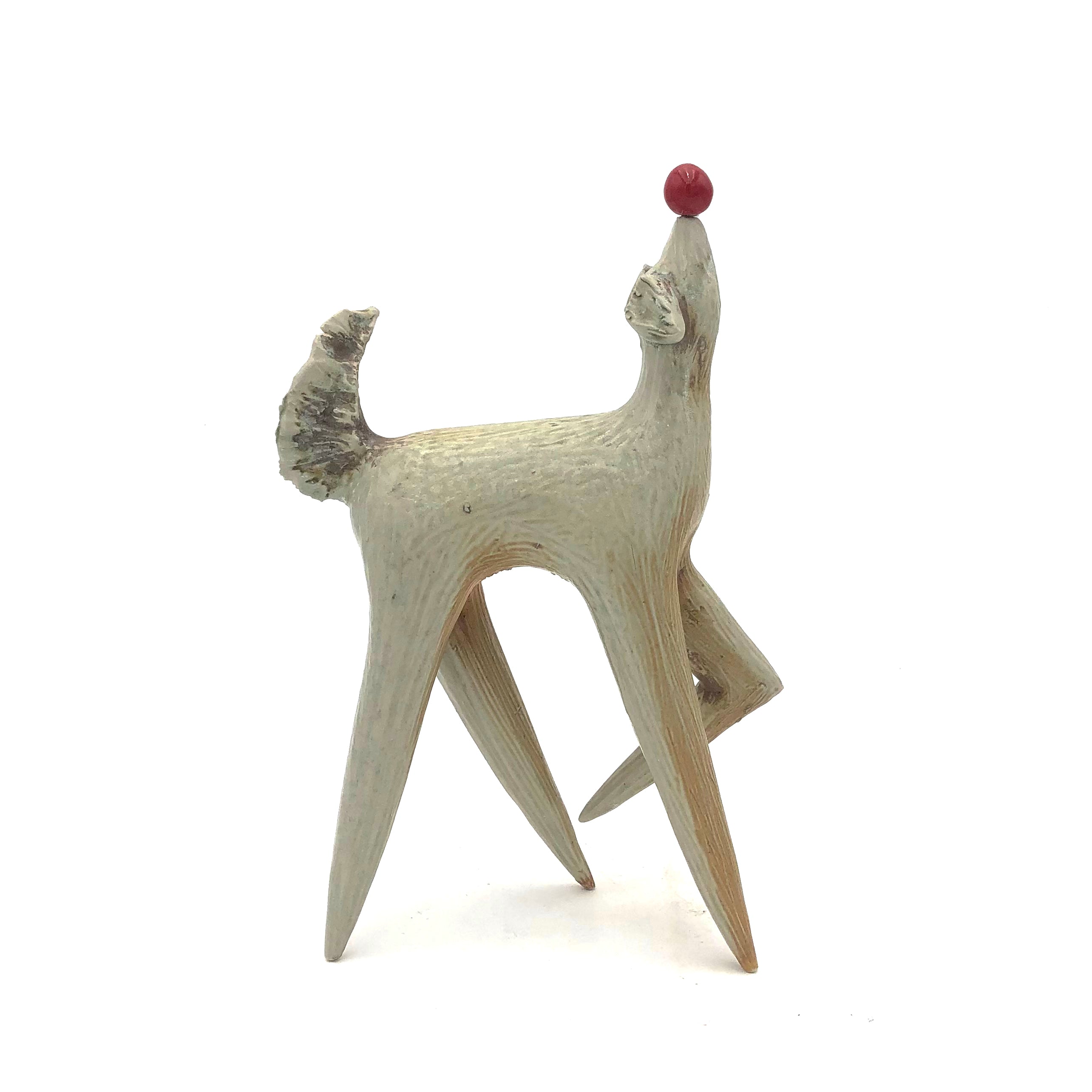 Handmade Wood Fired Ceramic Dog Sculpture - Playful Pup with Red Ball on Nose - Unique Home Decor & Gift for Pet Lovers - Perfect for Living Room, Office or Garden Display