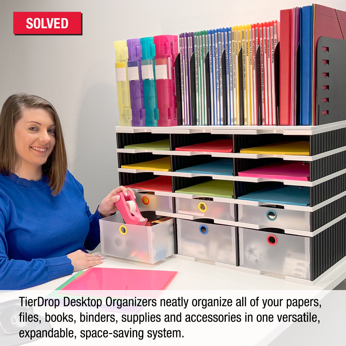 12-Slot Desktop Organizer with Riser Base & Vertical File Holder - 3 Storage Drawers & 3 Supply Drawers | TierDrop™ Modular System for Documents, Files, Binders & Office Supplies | Perfect for Home Office, Workspace & School Organization