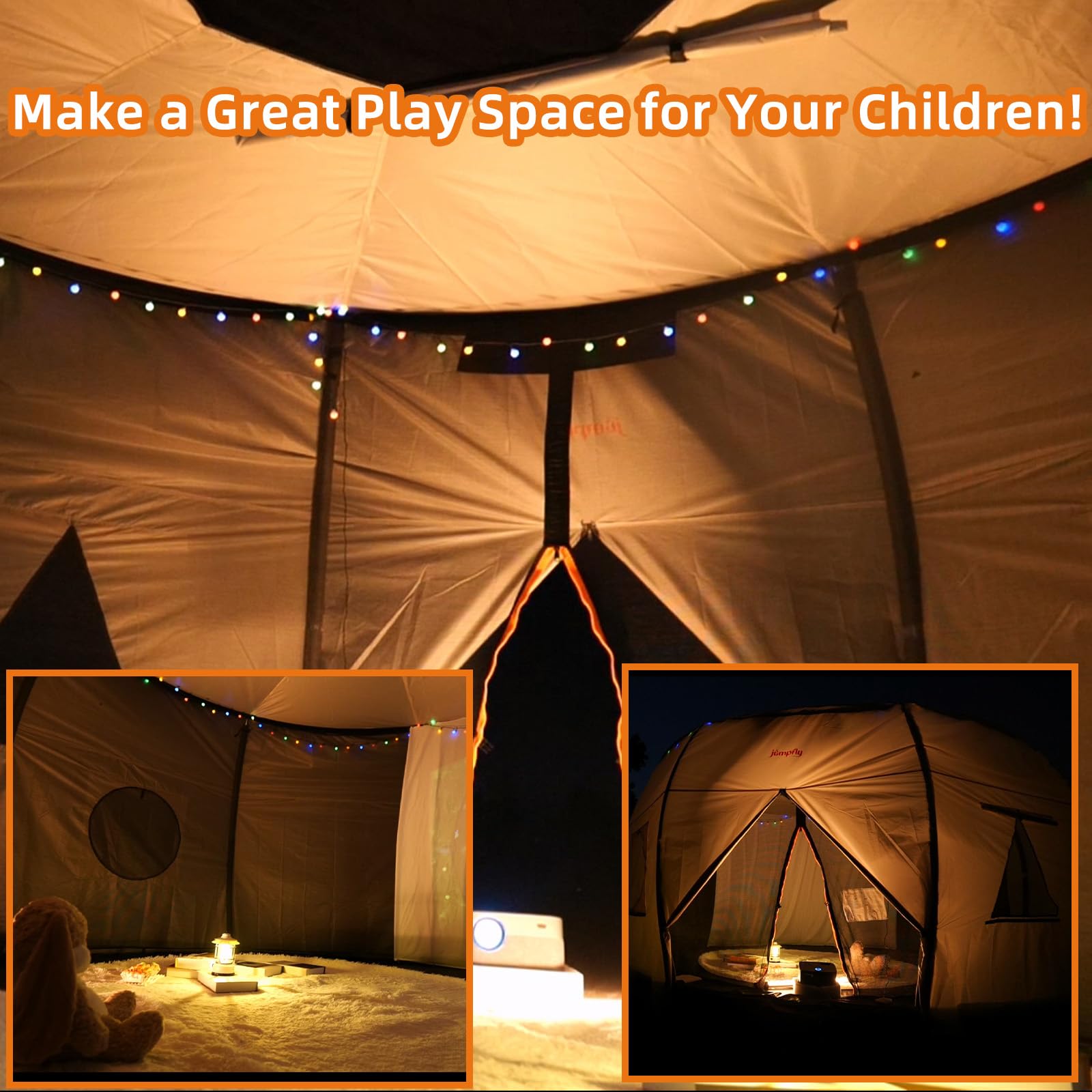 JumpFly 14FT Trampoline Tent for Kids (Tent Only) - Fits 6 Curved Poles Round Trampoline, LED Light Shade Cover, Durable Anti-Tear Canopy for Outdoor Play & Camping (Black/Light Brown) - Perfect for Backyard Fun, Summer Shade & Sleepovers