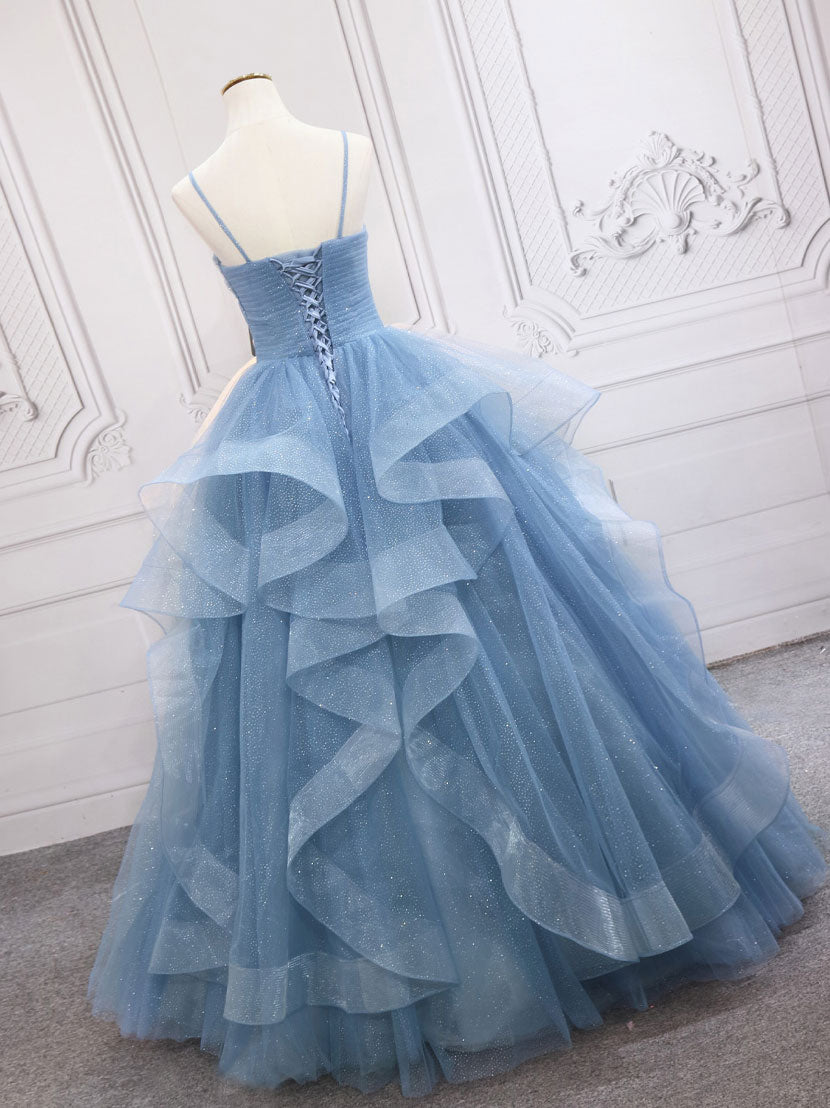 Elegant Blue Tulle Long Prom Dress for Women - Sweet 16 Formal Gown with Flowy Skirt | Perfect for Homecoming, Quinceañera & Evening Parties